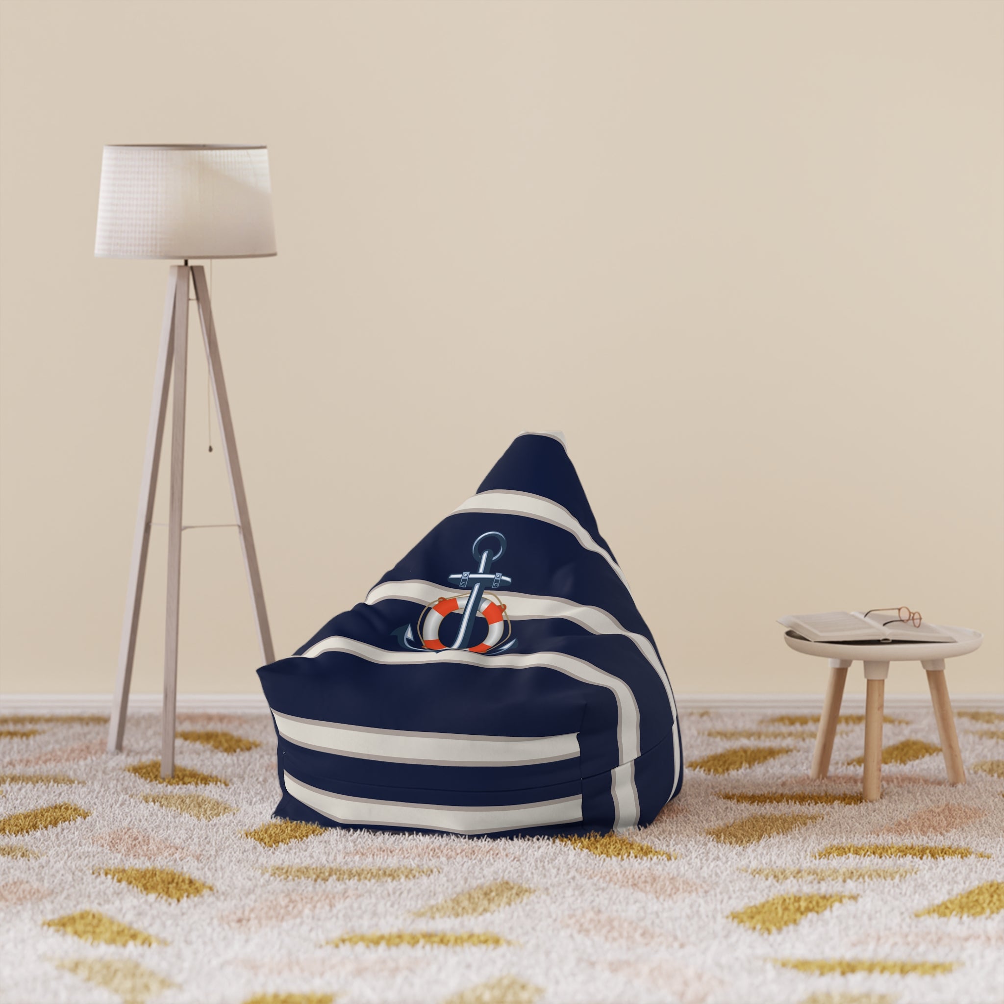 Nautical Anchor Bean Bag Chair Cover | Navy White Coastal Bean Bag Cover | Beach Home Decor