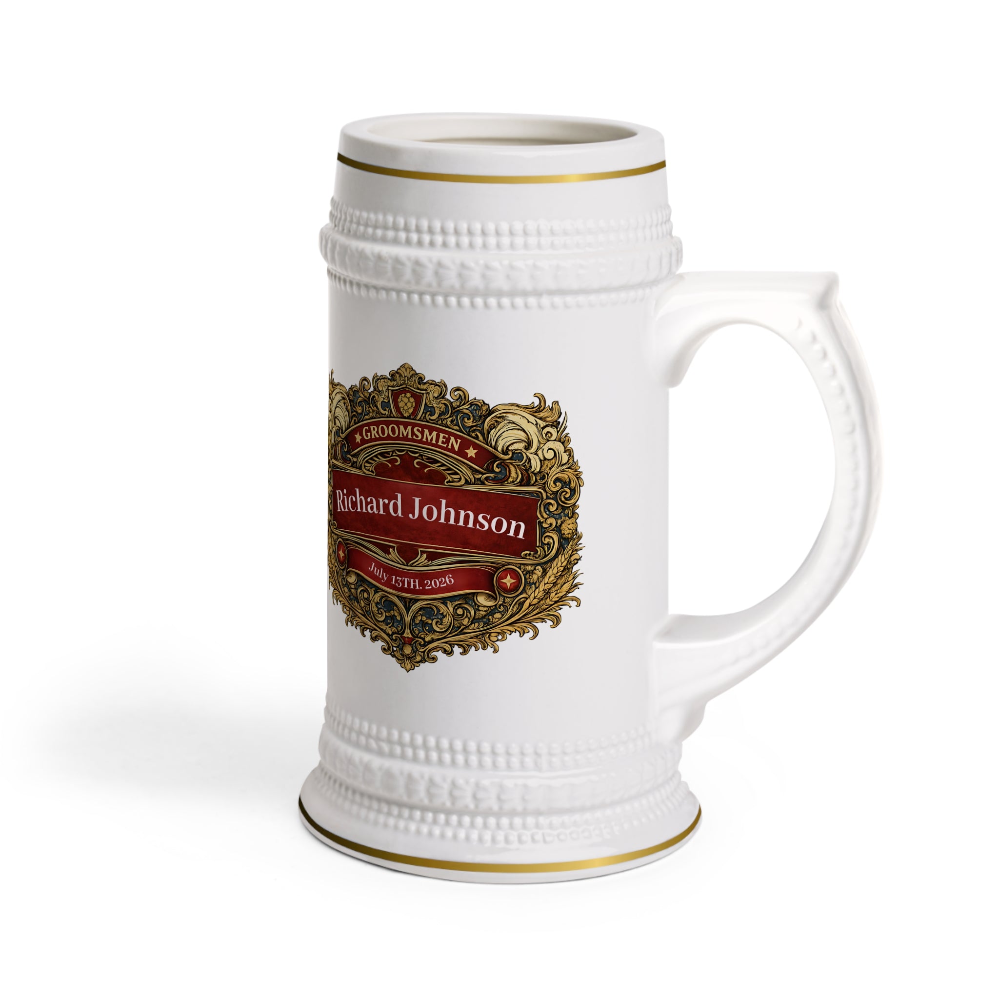 Personalized Groomsman Beer Stein 22oz - Custom Name & Date Wedding Mug, Vintage Crest Groomsmen Gift
