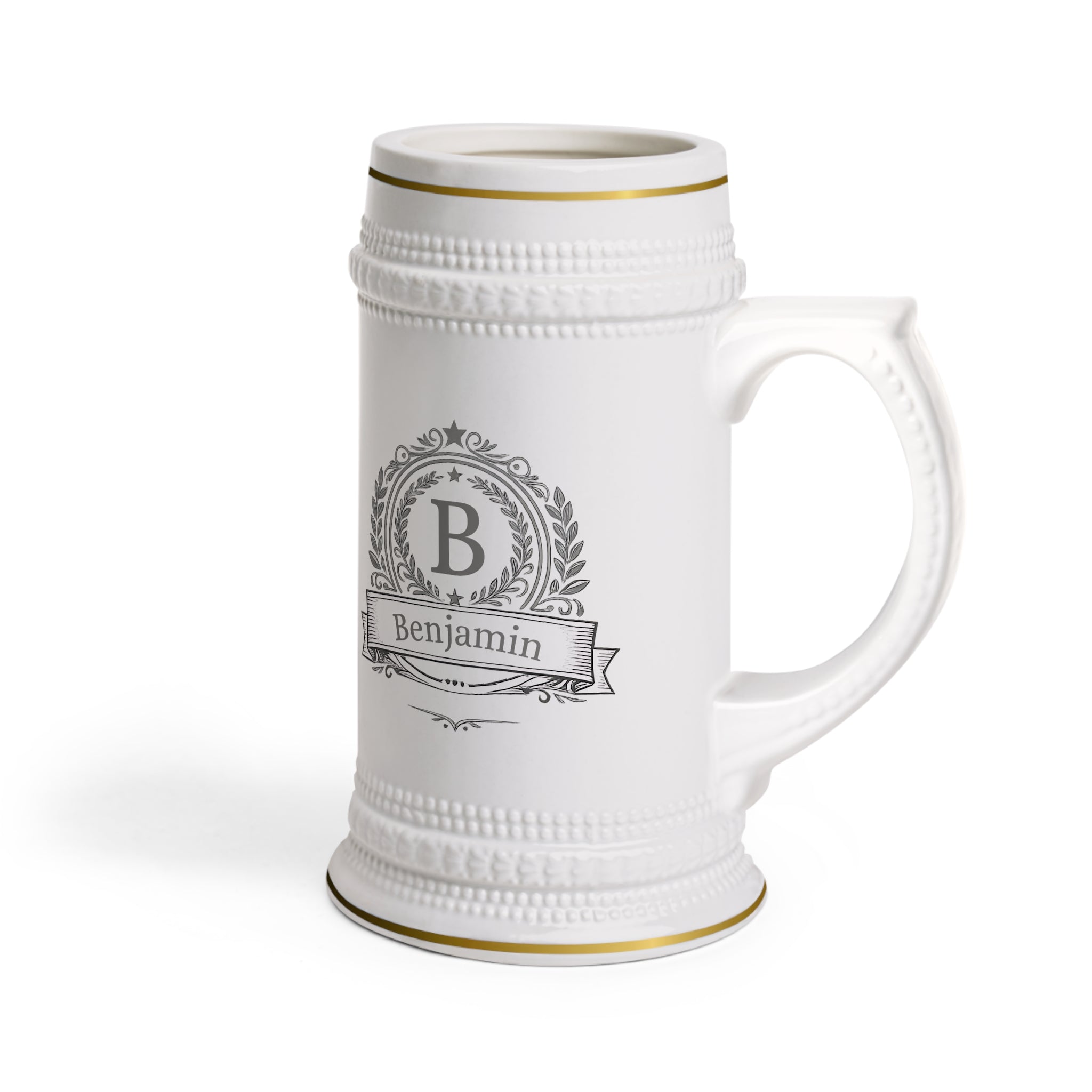 Personalized Crest Beer Stein  Custom Name Ceramic Stein Mug, Monogram Beer Mug Gift for Him