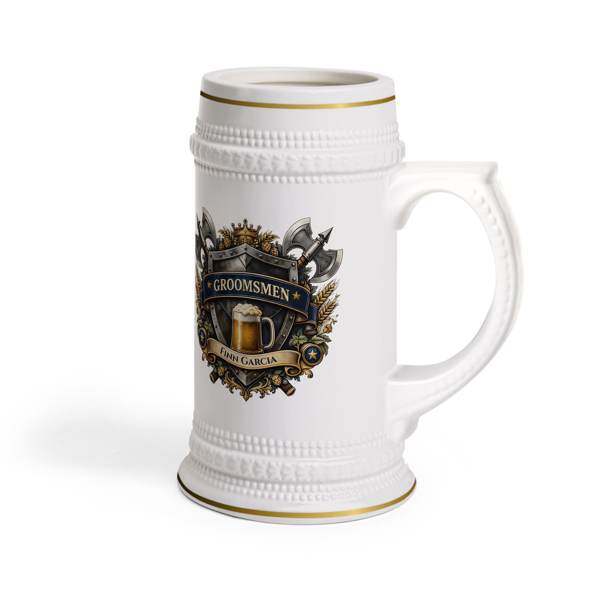 Personalized Groomsmen Beer Stein 22oz - Custom Name Wedding Mug, Medieval Shield Beer Stein