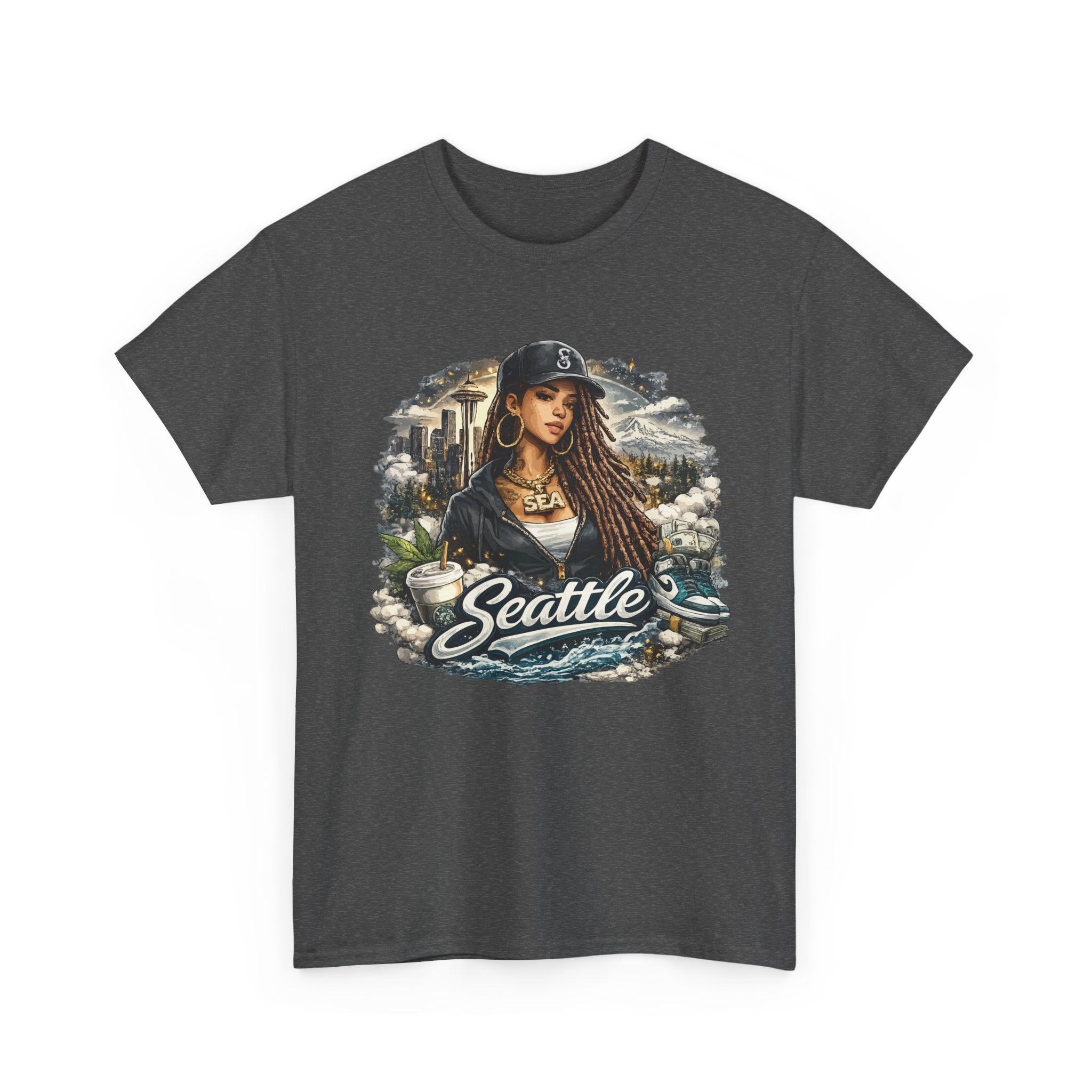 Seattle Cityscape Tee  Woman Portrait Coffee & Skyline Graphic T-Shirt