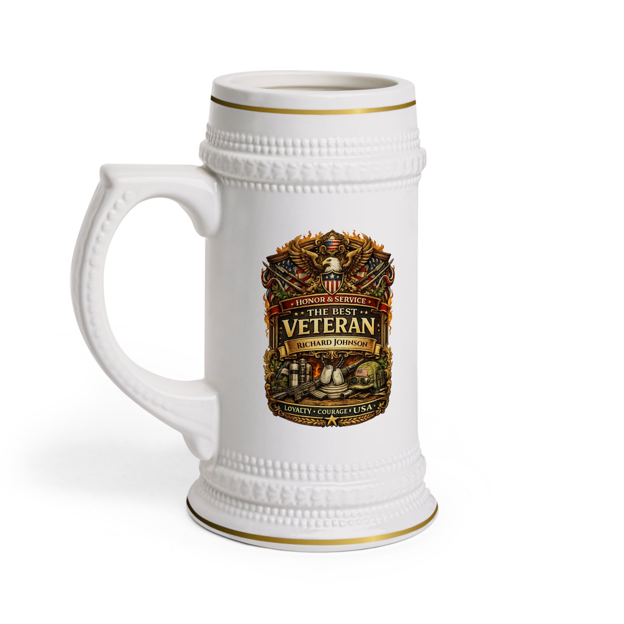 Personalized Veteran Beer Stein 22oz - Custom Name Military Mug, Honor & Service Gift for Veteran, Loyalty Courage Beer Mug