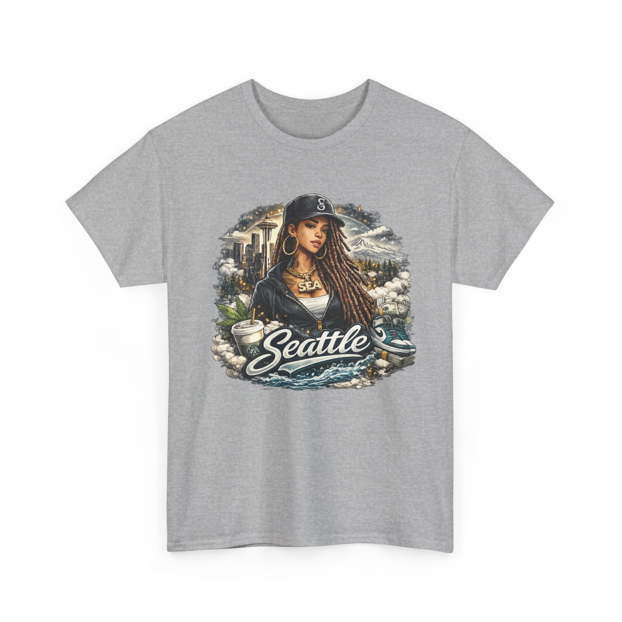 Seattle Cityscape Tee  Woman Portrait Coffee & Skyline Graphic T-Shirt