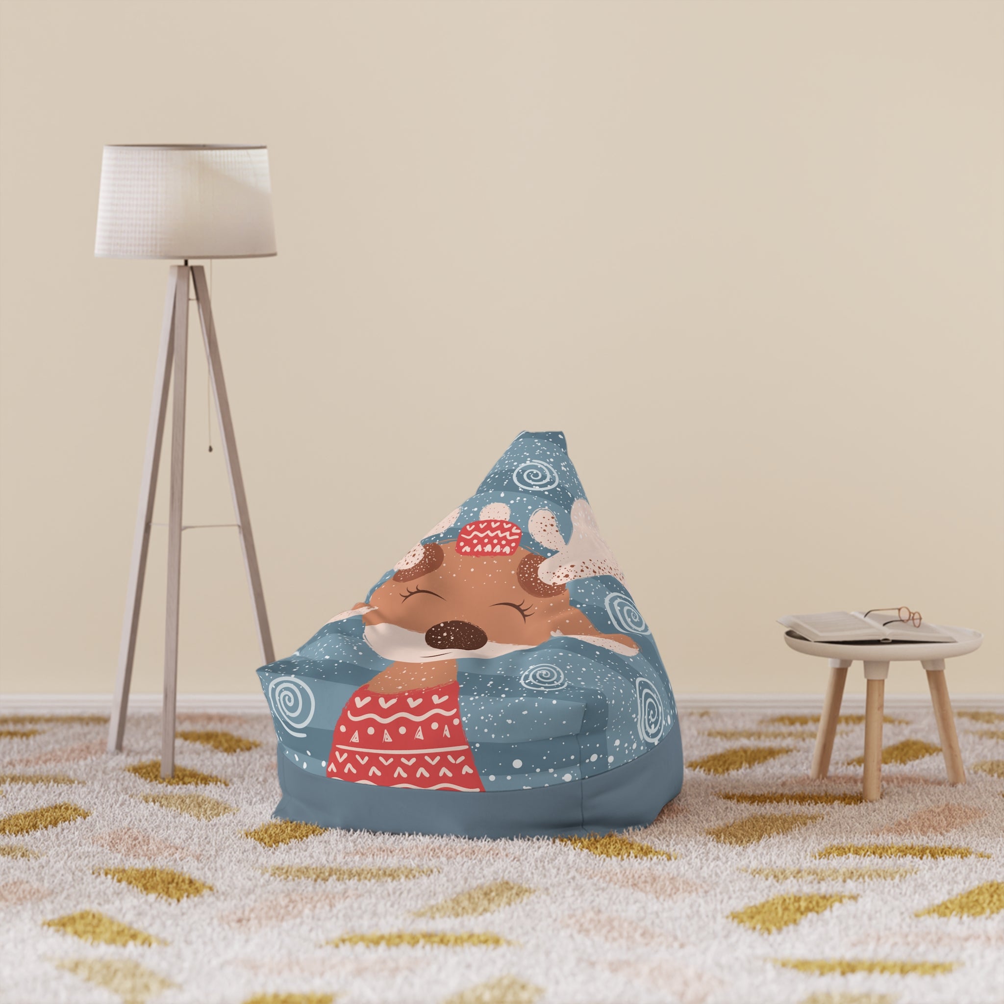 Sleeping Fox Bean Bag Chair Cover | Winter Woodland Pattern, Snowflakes