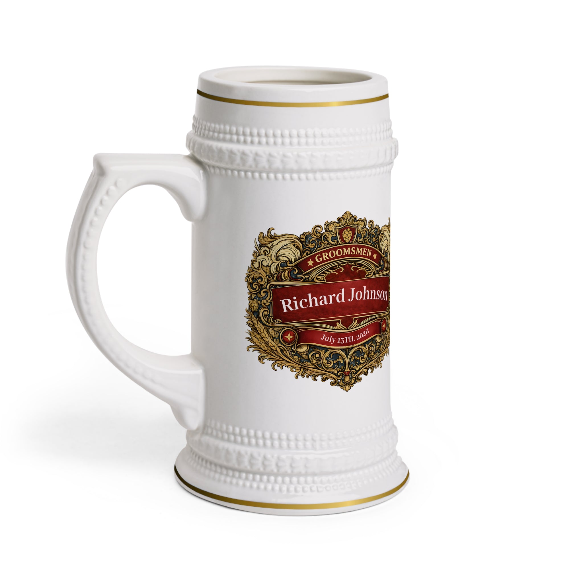 Personalized Groomsman Beer Stein 22oz - Custom Name & Date Wedding Mug, Vintage Crest Groomsmen Gift