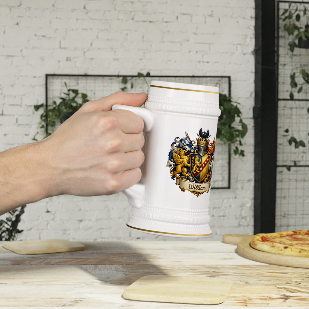 Personalized Family Crest Beer Stein Custom Heraldic Coat of Arms Mug, Engraved Name Gift for Him
