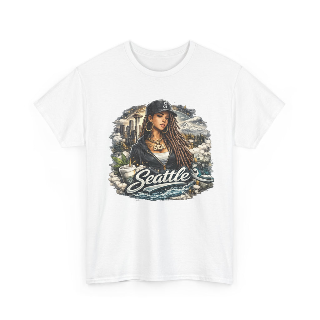 Seattle Cityscape Tee  Woman Portrait Coffee & Skyline Graphic T-Shirt