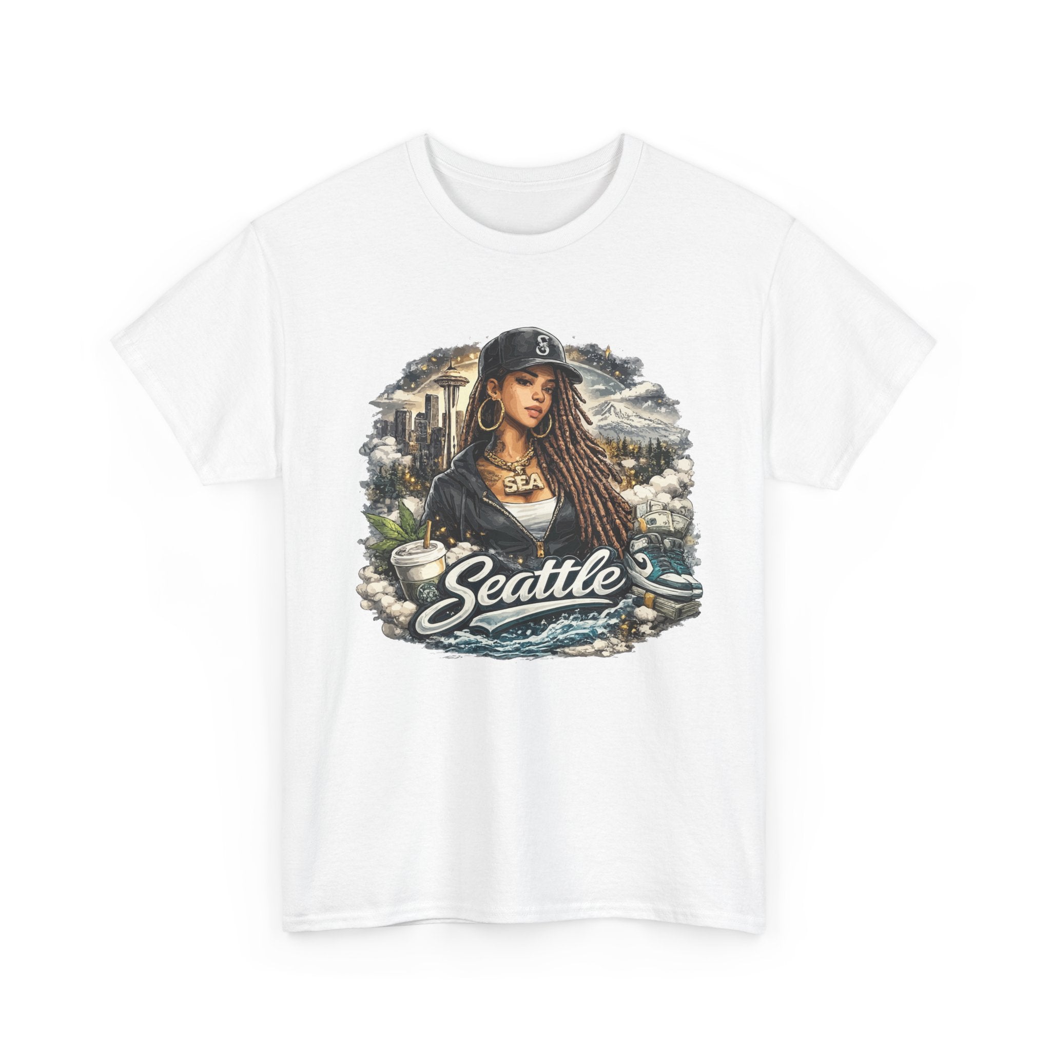 Seattle Cityscape Tee  Woman Portrait Coffee & Skyline Graphic T-Shirt