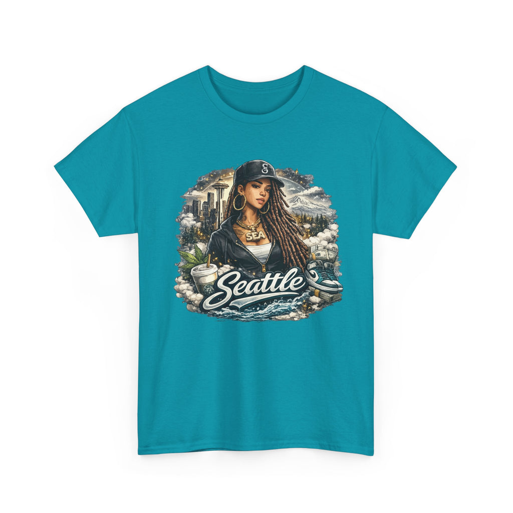 Seattle Cityscape Tee  Woman Portrait Coffee & Skyline Graphic T-Shirt