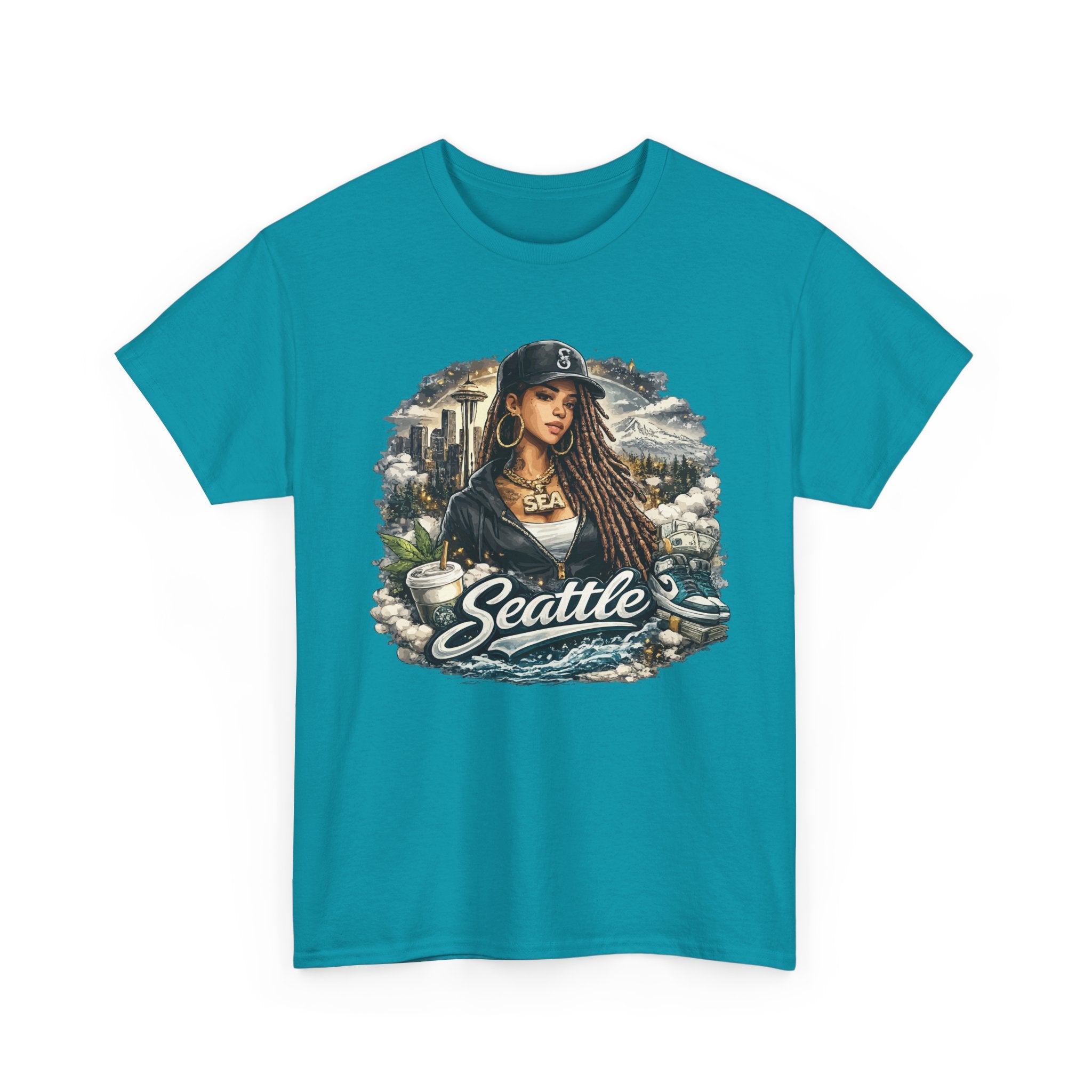 Seattle Cityscape Tee  Woman Portrait Coffee & Skyline Graphic T-Shirt