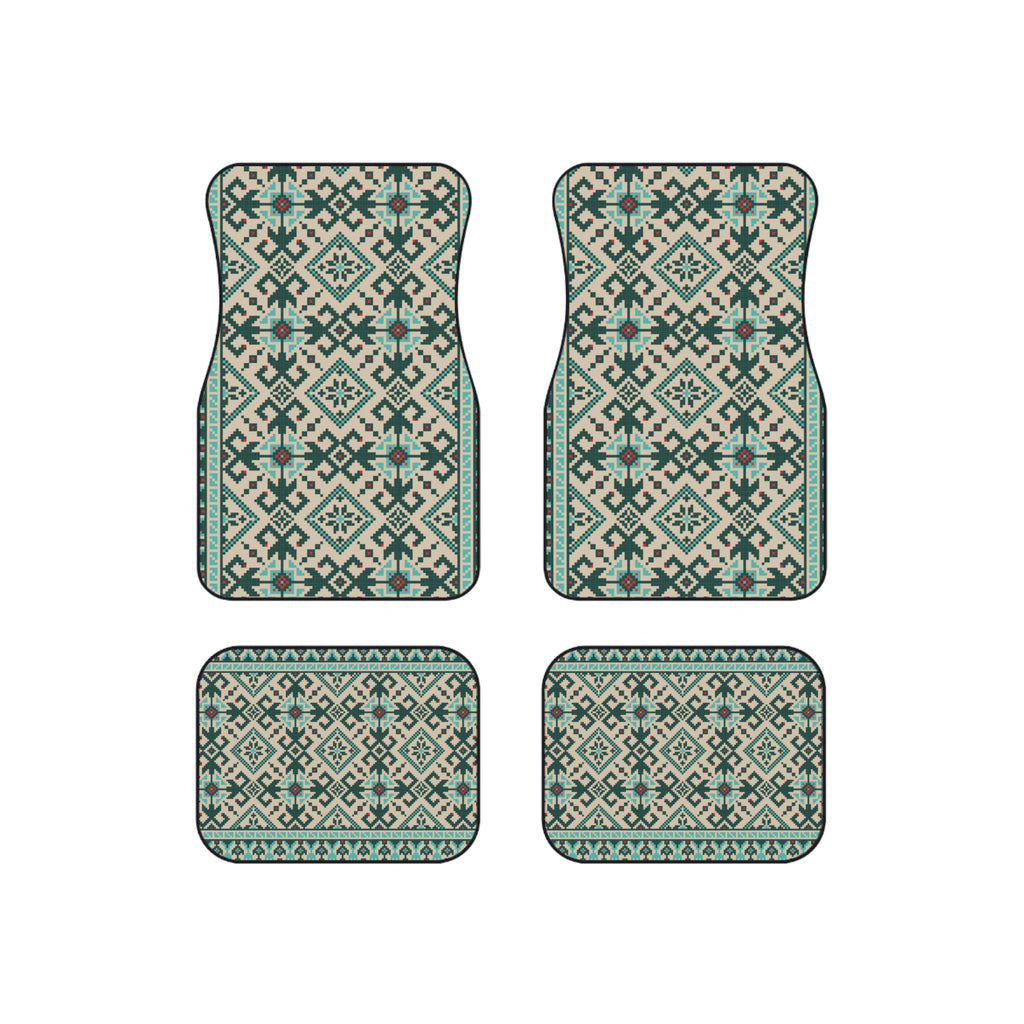 Geometric Tribal Car Mats Set of 4 — Teal Aztec Pattern Auto Floor Liners