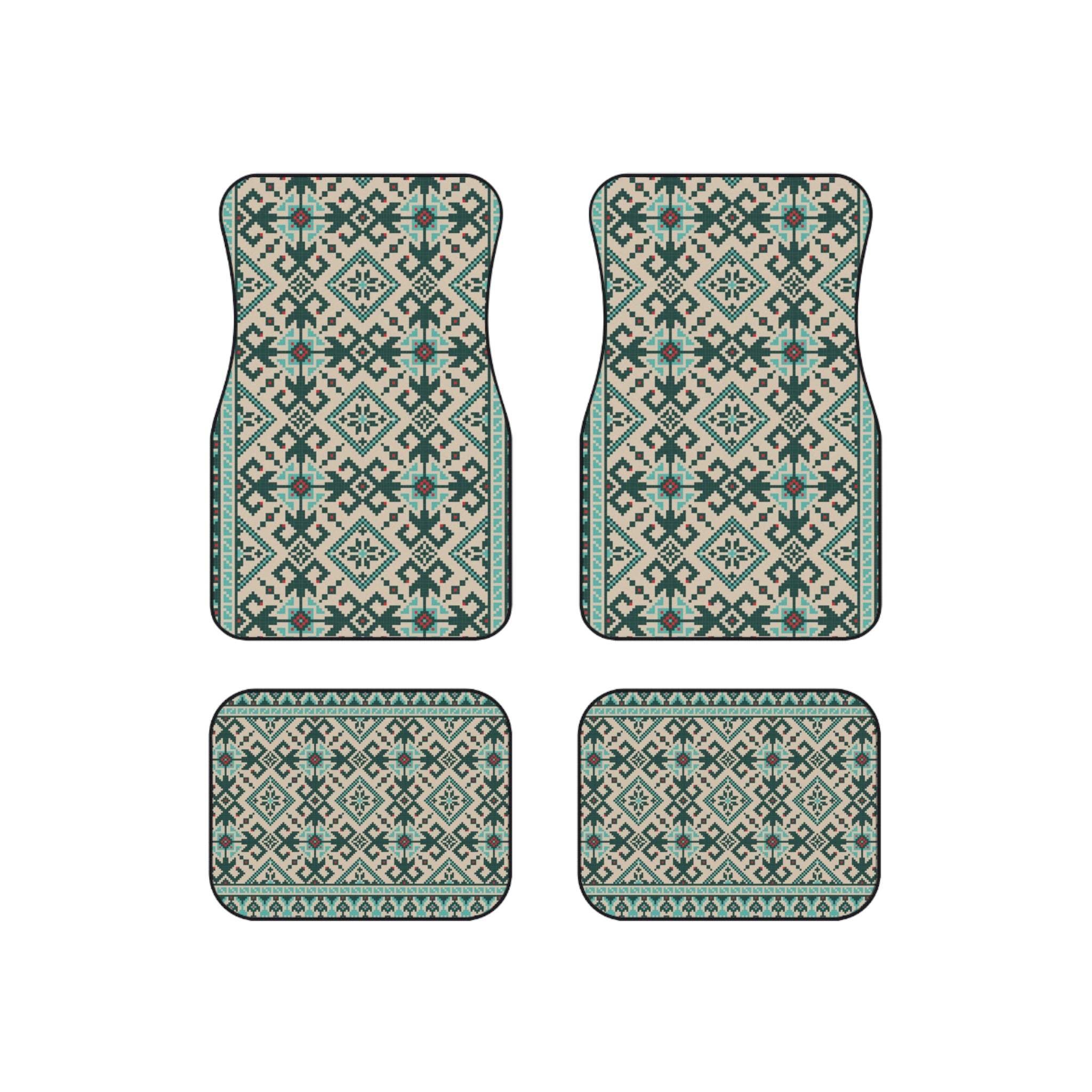 Geometric Tribal Car Mats Set of 4 — Teal Aztec Pattern Auto Floor Liners