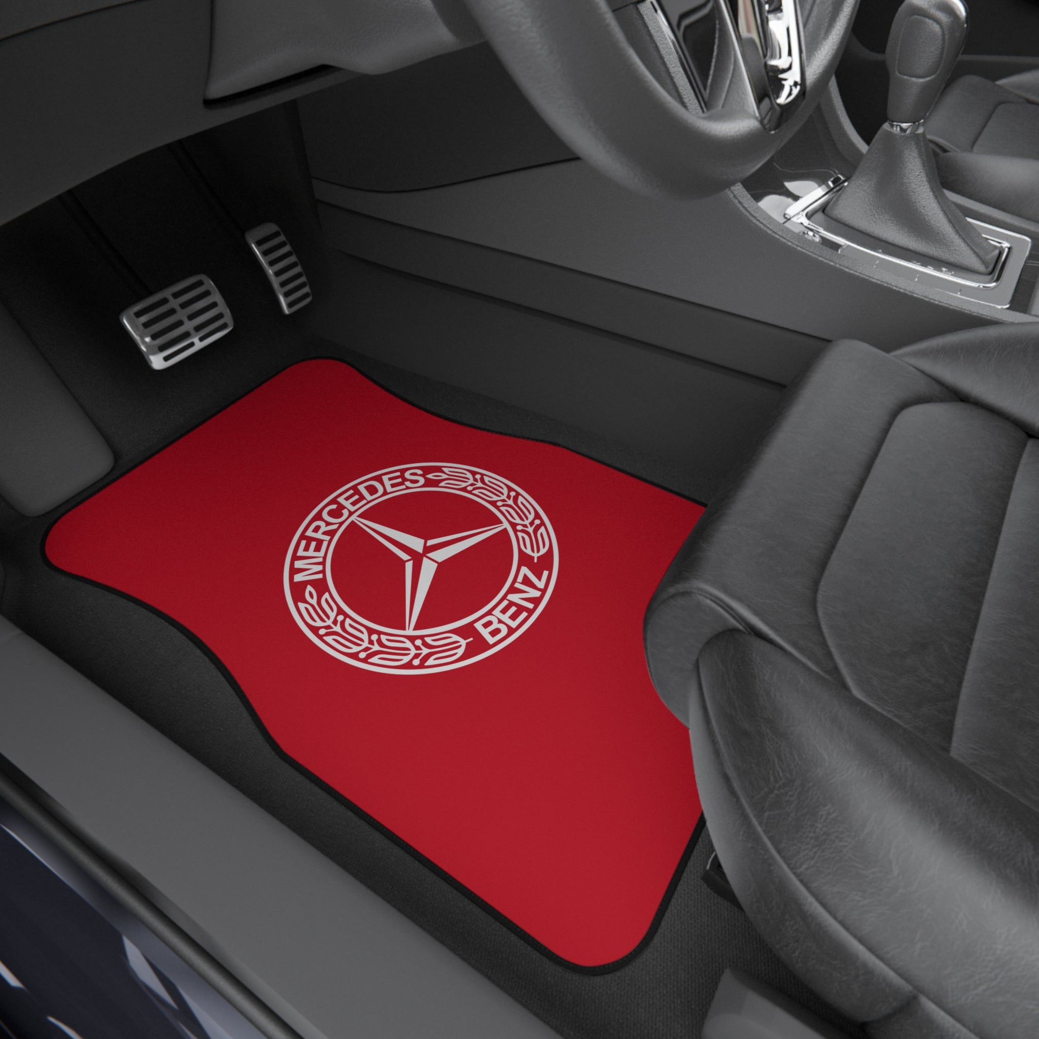 Car Floor Mats Set Compatible with Mercedes Benz Logo Auto Interior Accessories Black Mats Dark Red