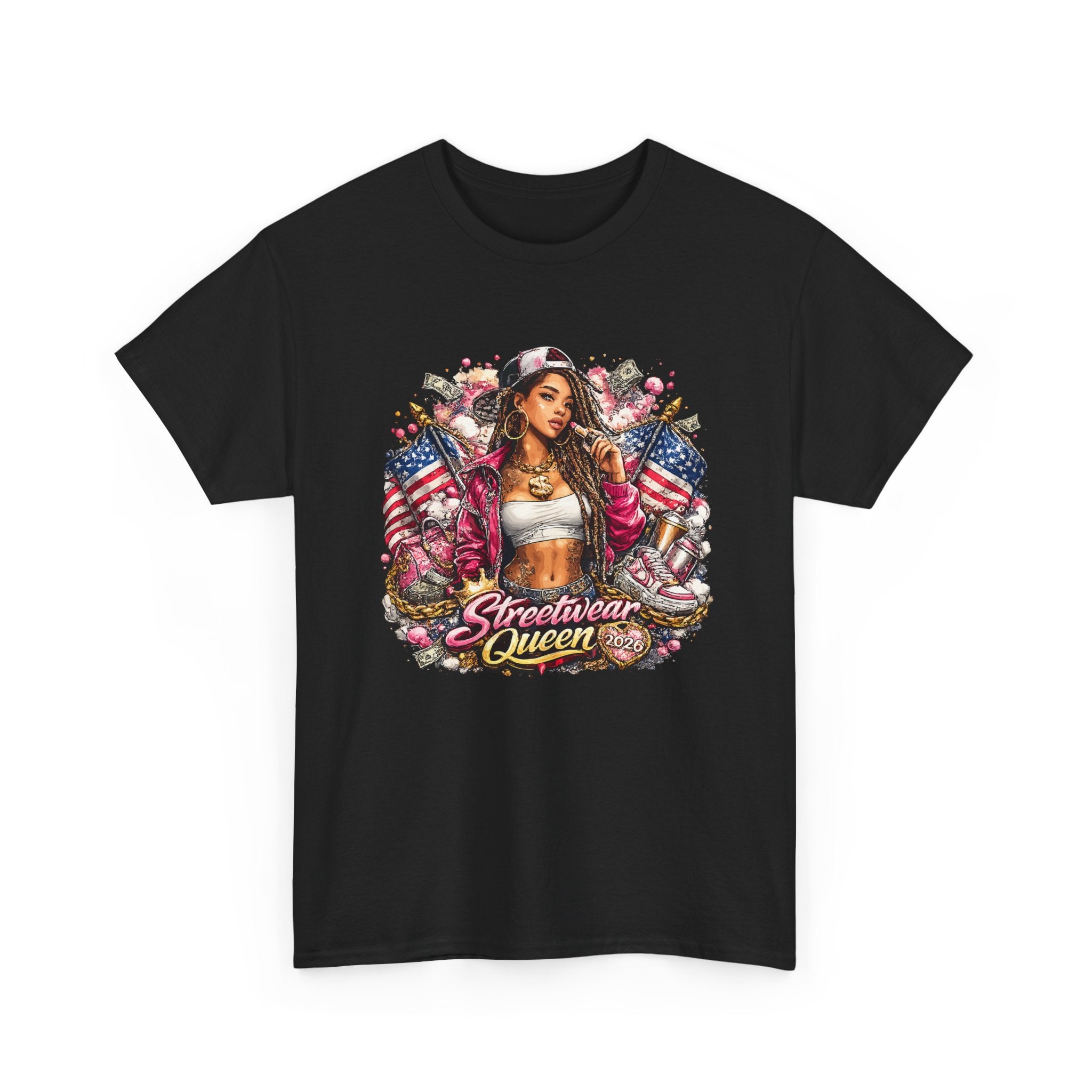 Streetwear Queen Tee  Retro Chicana Art American Flag Graphic T-Shirt