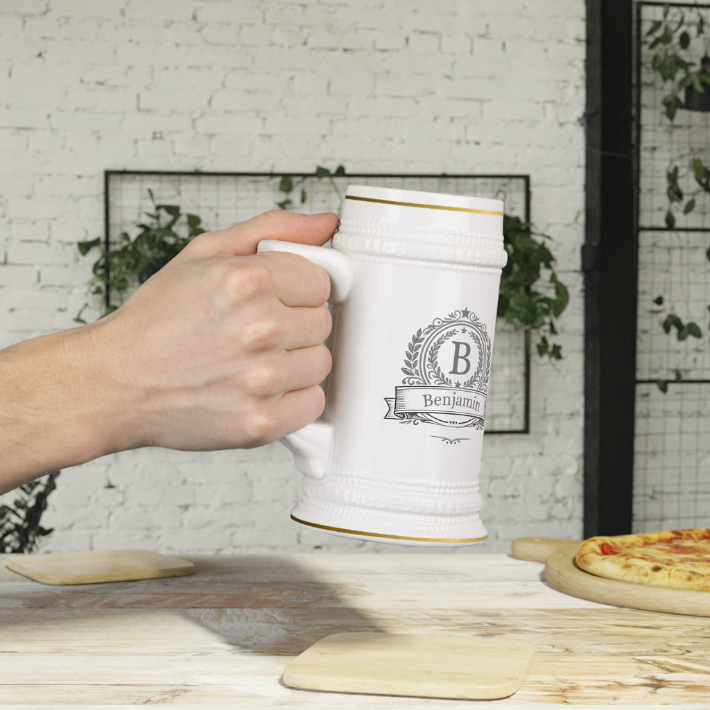 Personalized Crest Beer Stein  Custom Name Ceramic Stein Mug, Monogram Beer Mug Gift for Him