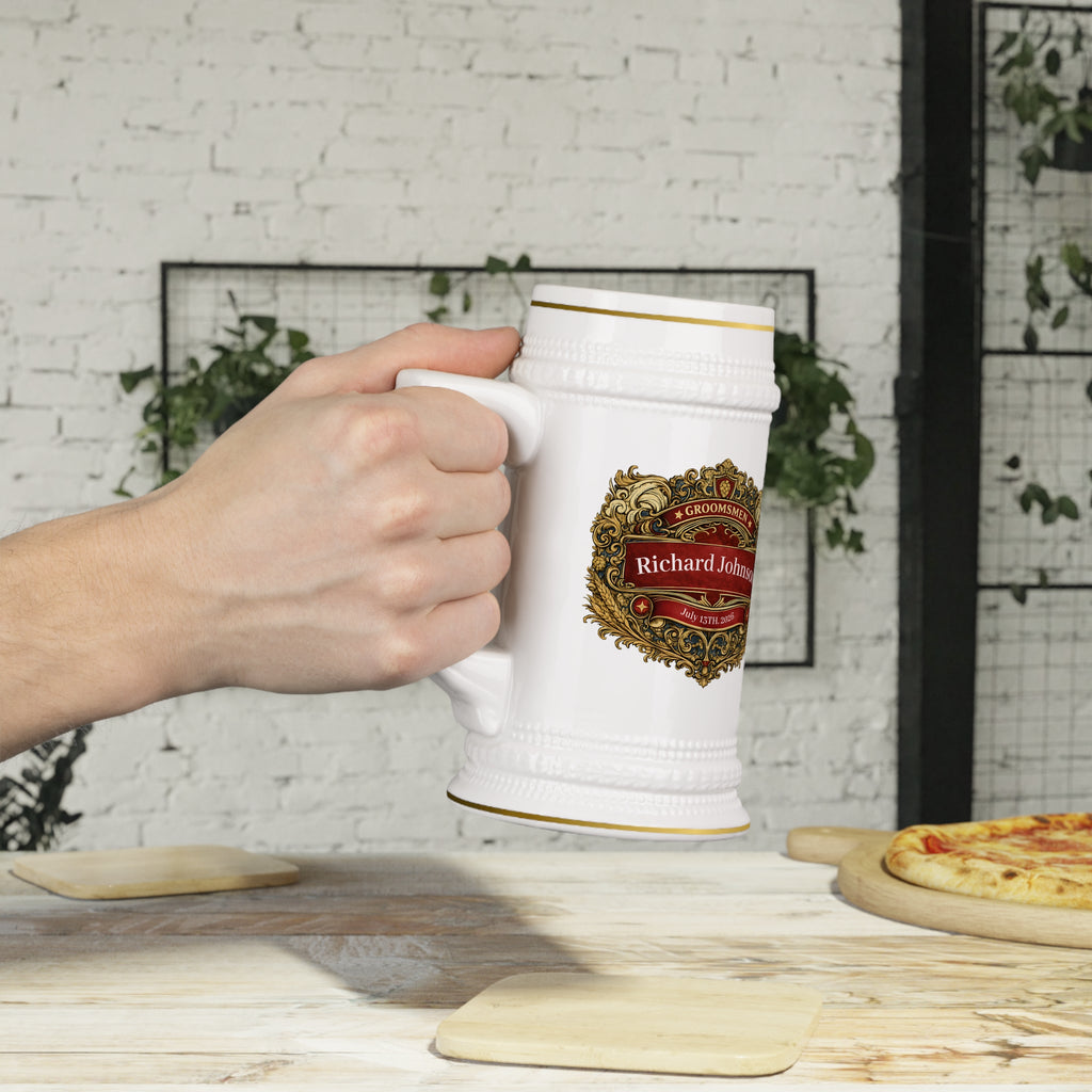 Personalized Groomsman Beer Stein 22oz - Custom Name & Date Wedding Mug, Vintage Crest Groomsmen Gift