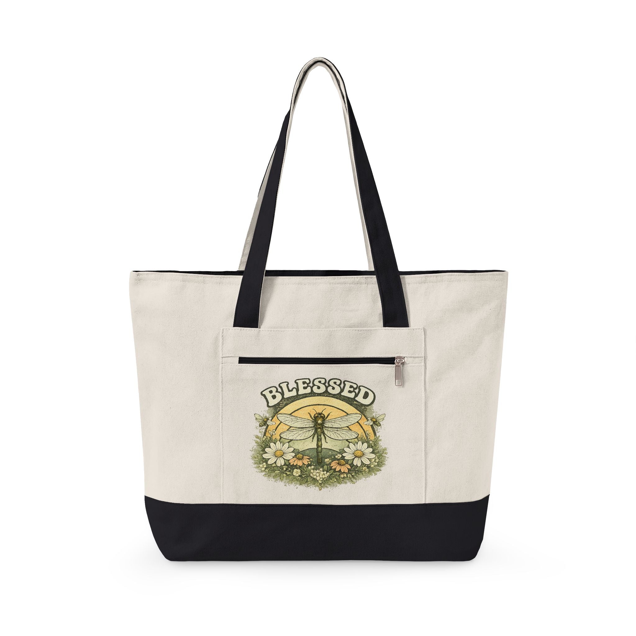Blessed Dragonfly Floral Zippered Canvas Tote | Nature Tote Bag