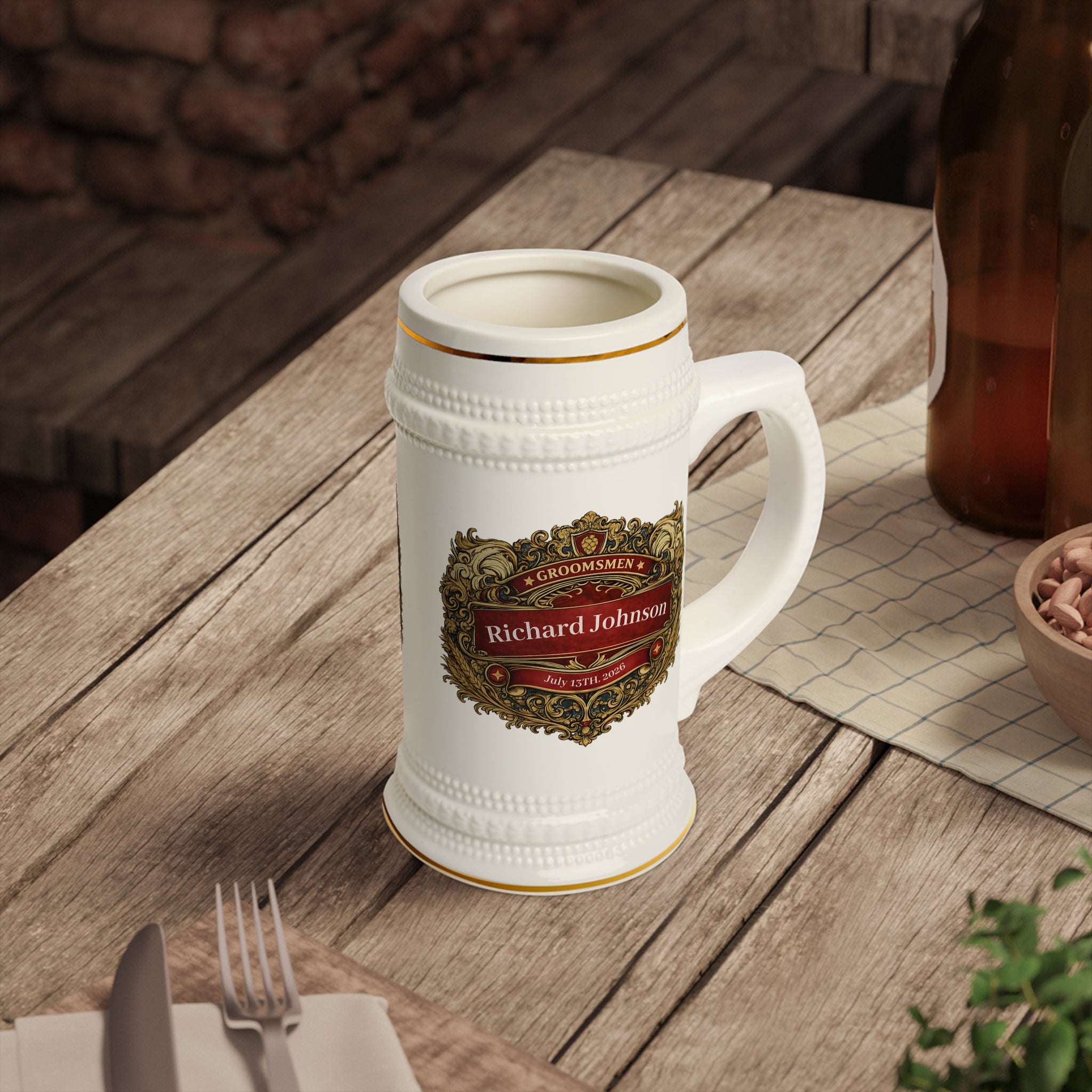 Personalized Groomsman Beer Stein 22oz - Custom Name & Date Wedding Mug, Vintage Crest Groomsmen Gift