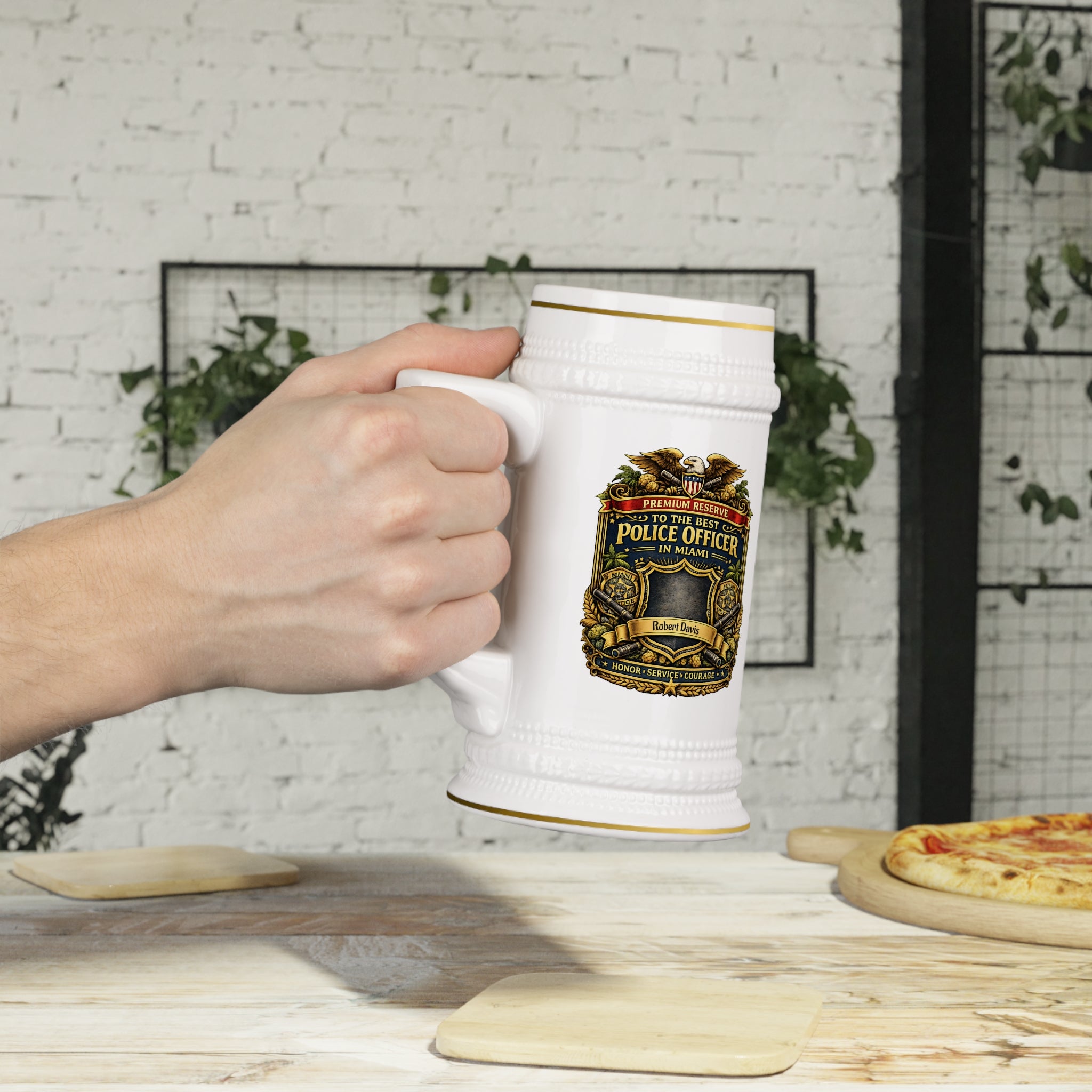 Personalized Miami Police Officer Beer Stein 22oz - Custom Name Cop Mug, Law Enforcement Gift for Him