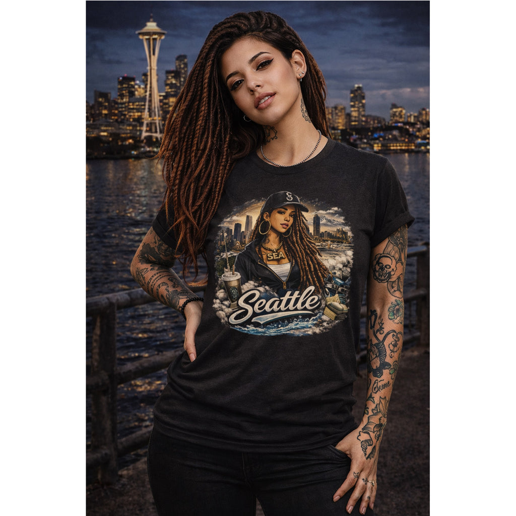 Seattle Cityscape Tee  Woman Portrait Coffee & Skyline Graphic T-Shirt