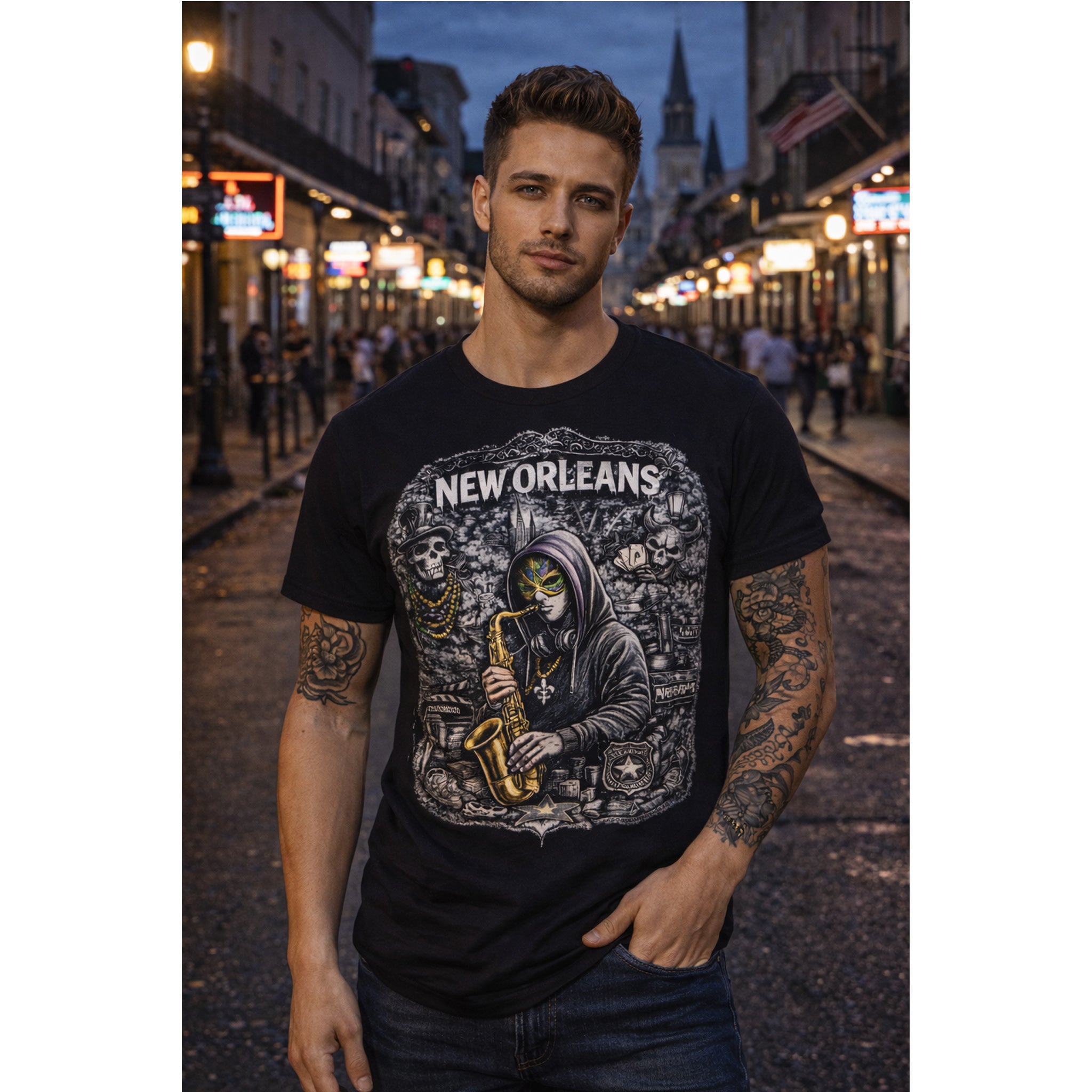 New Orleans T Shirt Jazz Graphic Tee, Dark Streetwear Saxophone Shirt, Mardi Gras Style Unisex Gift