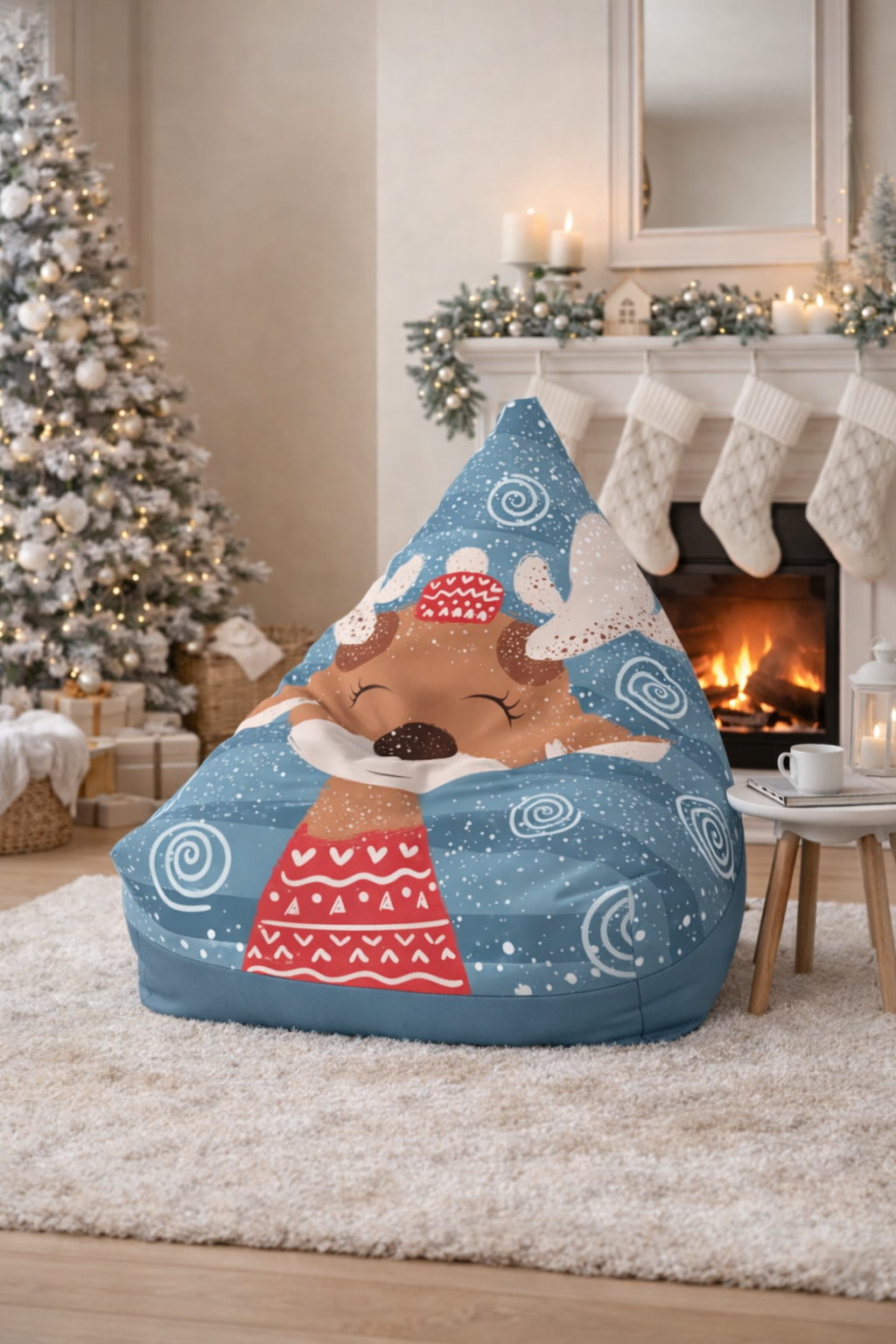 Sleeping Fox Bean Bag Chair Cover | Winter Woodland Pattern, Snowflakes
