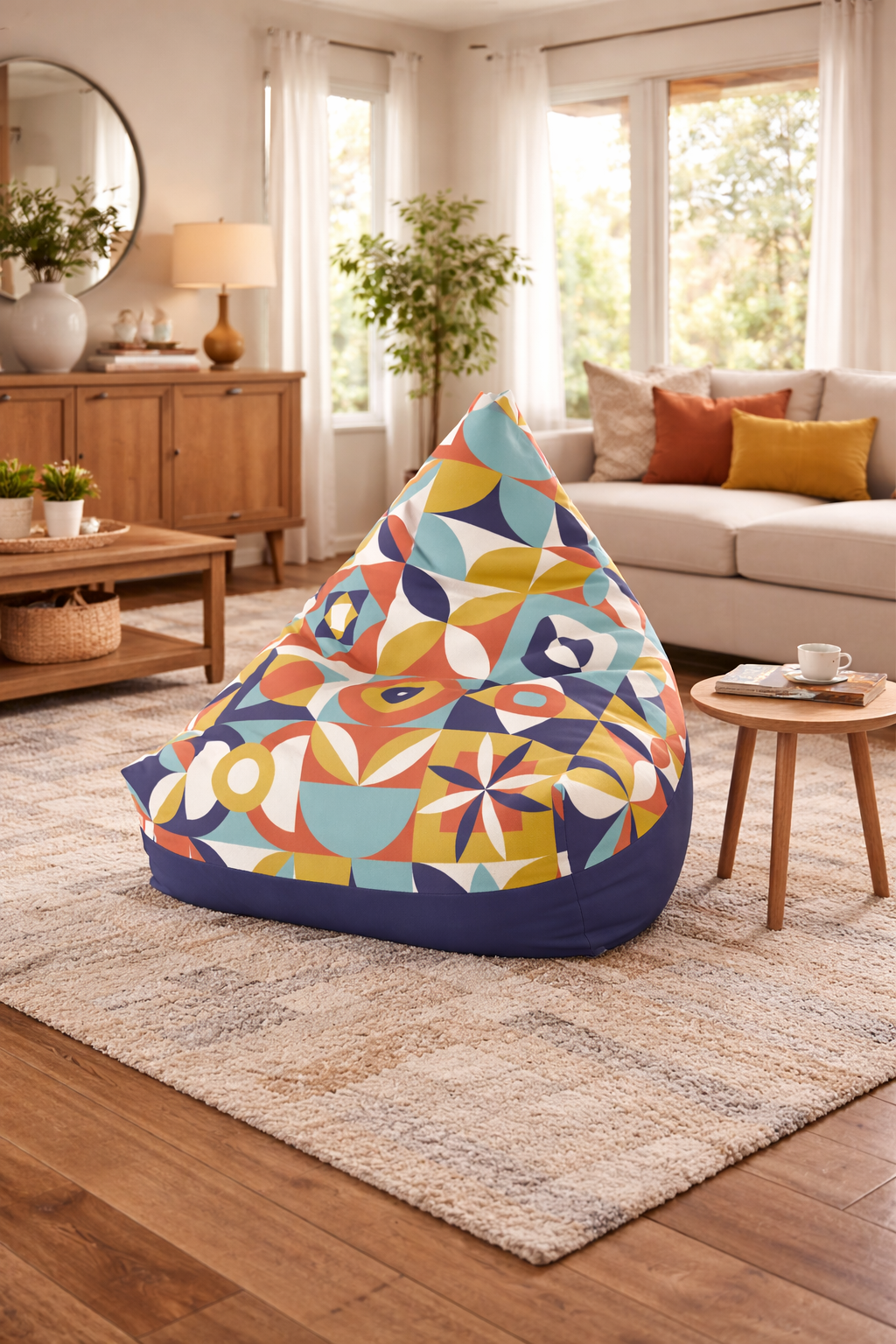 Midcentury Geometric Pattern Bean Bag Chair Cover | Retro Tile Motif