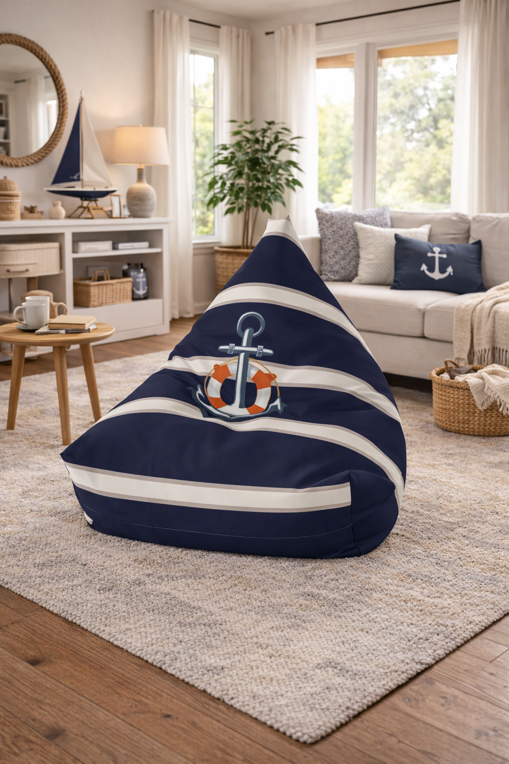 Nautical Anchor Bean Bag Chair Cover | Navy White Coastal Bean Bag Cover | Beach Home Decor