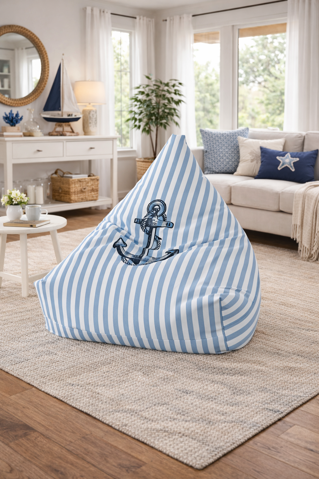 Nautical Stripe Bean Bag Chair Cover | Blue White Anchor Bean Bag Cover | Coastal Home Decor