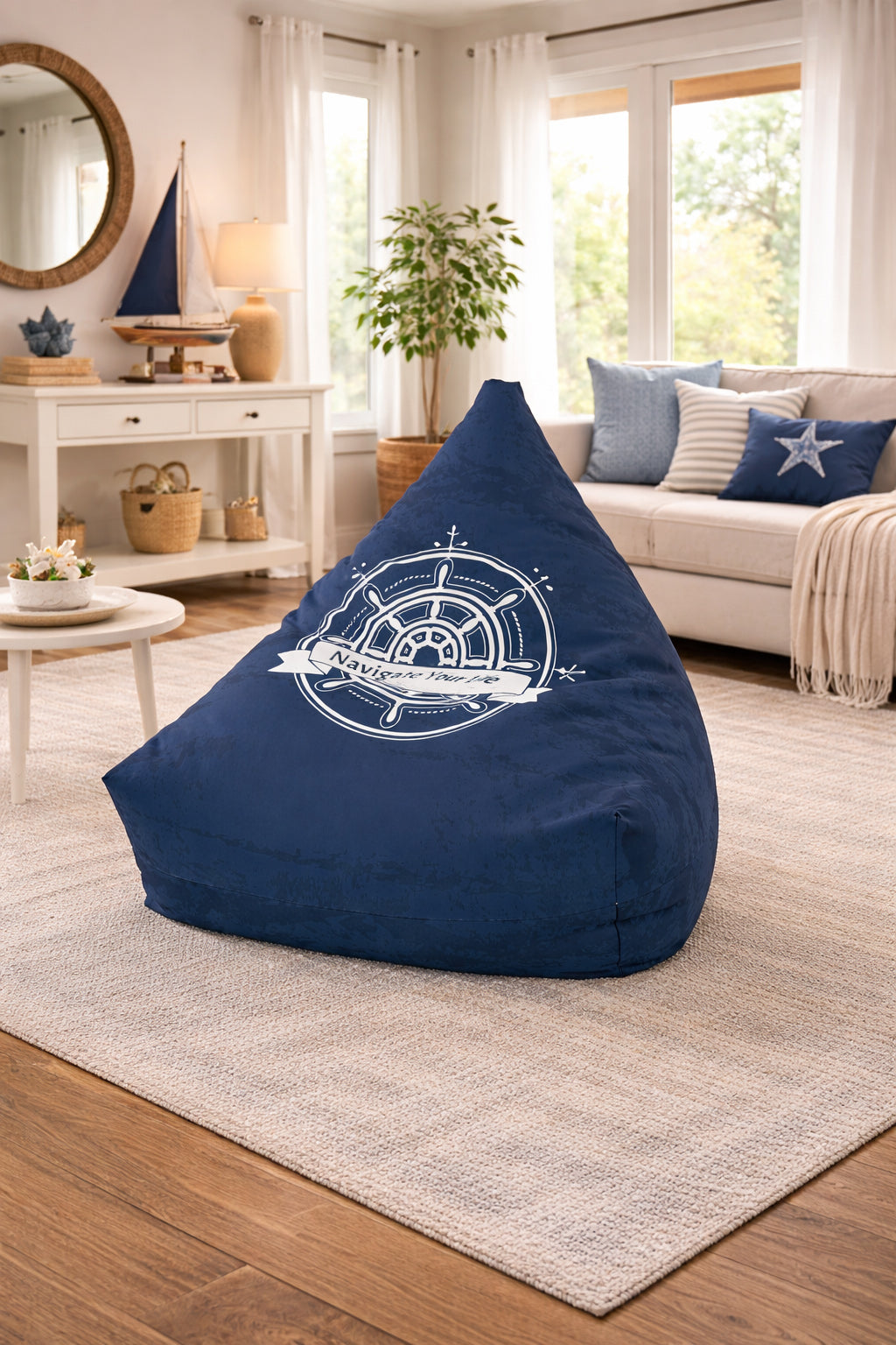Nautical Compass Bean Bag Chair Cover | Navy Coastal Bean Bag Cover | Beach House Home Decor