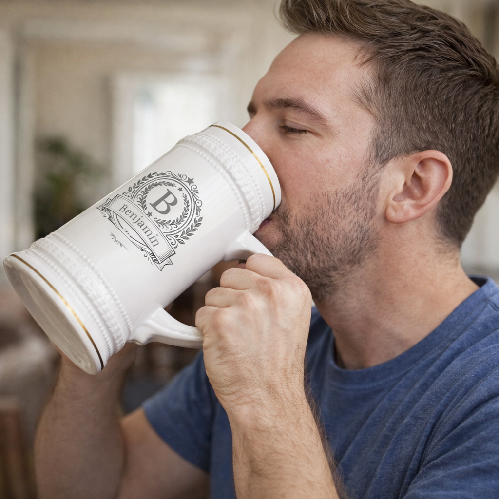 Personalized Crest Beer Stein  Custom Name Ceramic Stein Mug, Monogram Beer Mug Gift for Him