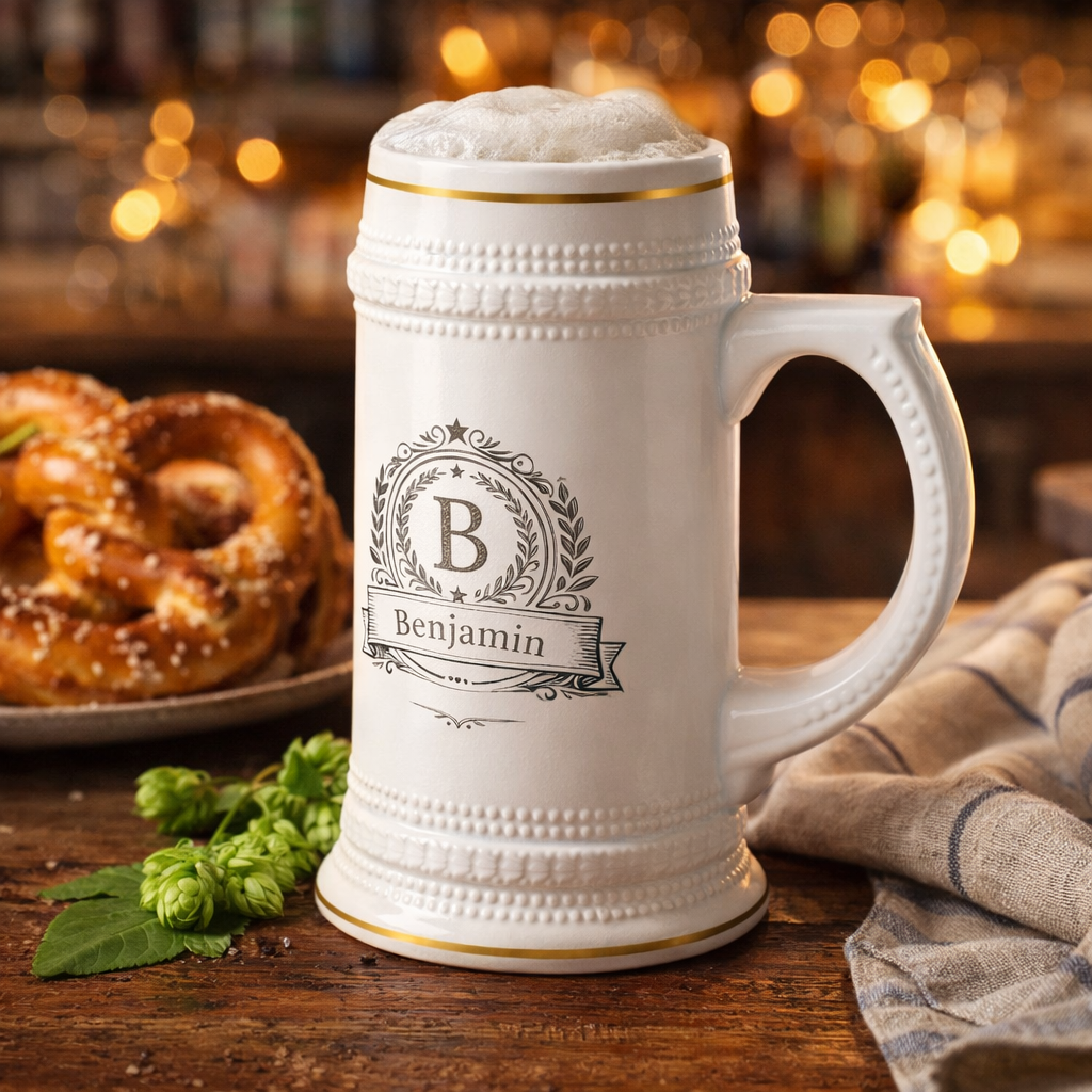 Personalized Crest Beer Stein  Custom Name Ceramic Stein Mug, Monogram Beer Mug Gift for Him