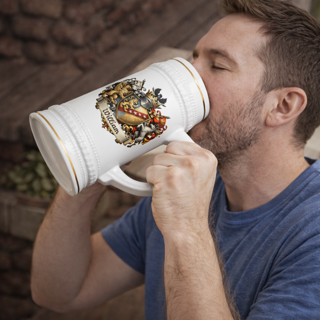 Personalized Family Crest Beer Stein Custom Heraldic Coat of Arms Mug, Engraved Name Gift for Him