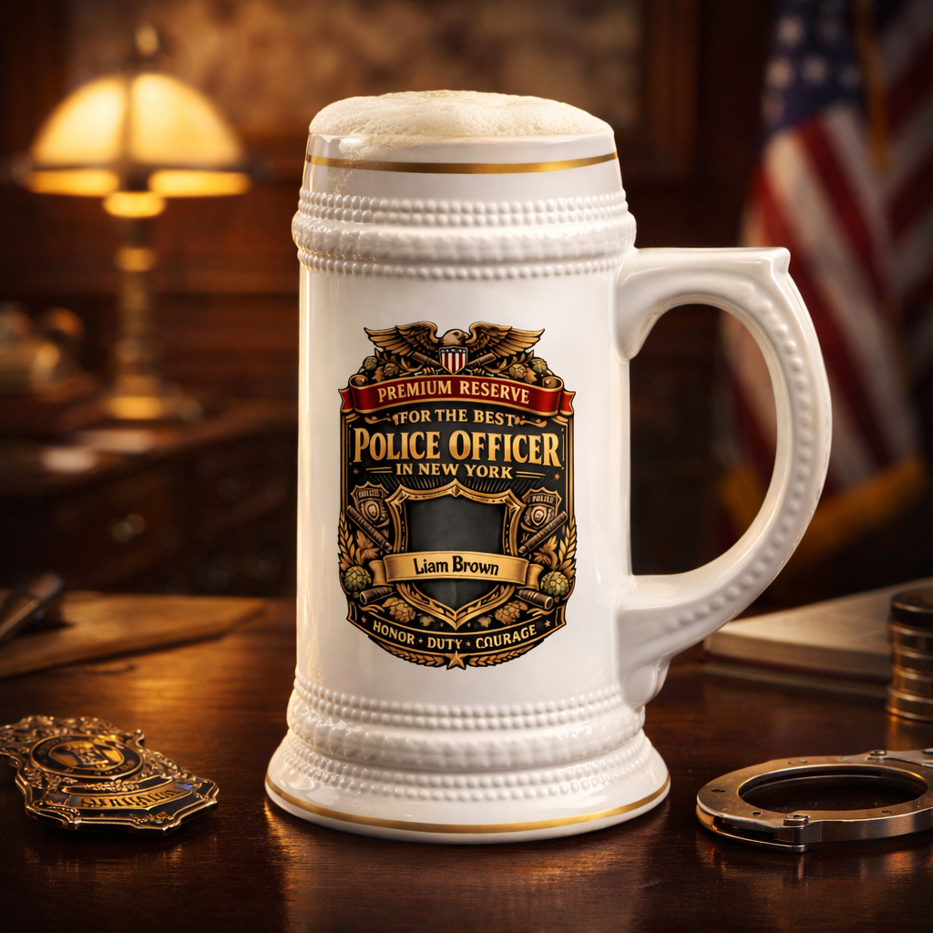 Personalized Police Officer Beer Stein 22oz with Name - Custom New York Cop Mug, Law Enforcement Gift