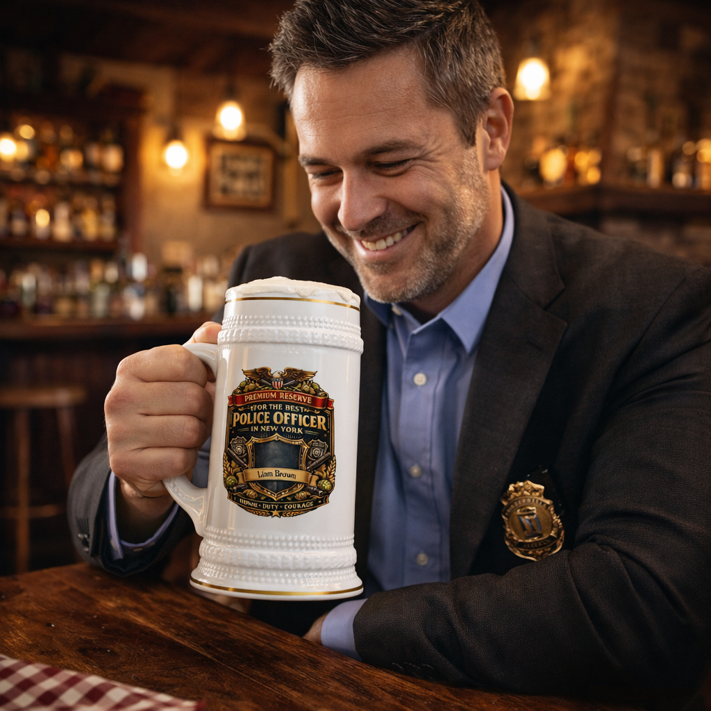 Personalized Police Officer Beer Stein 22oz with Name - Custom New York Cop Mug, Law Enforcement Gift
