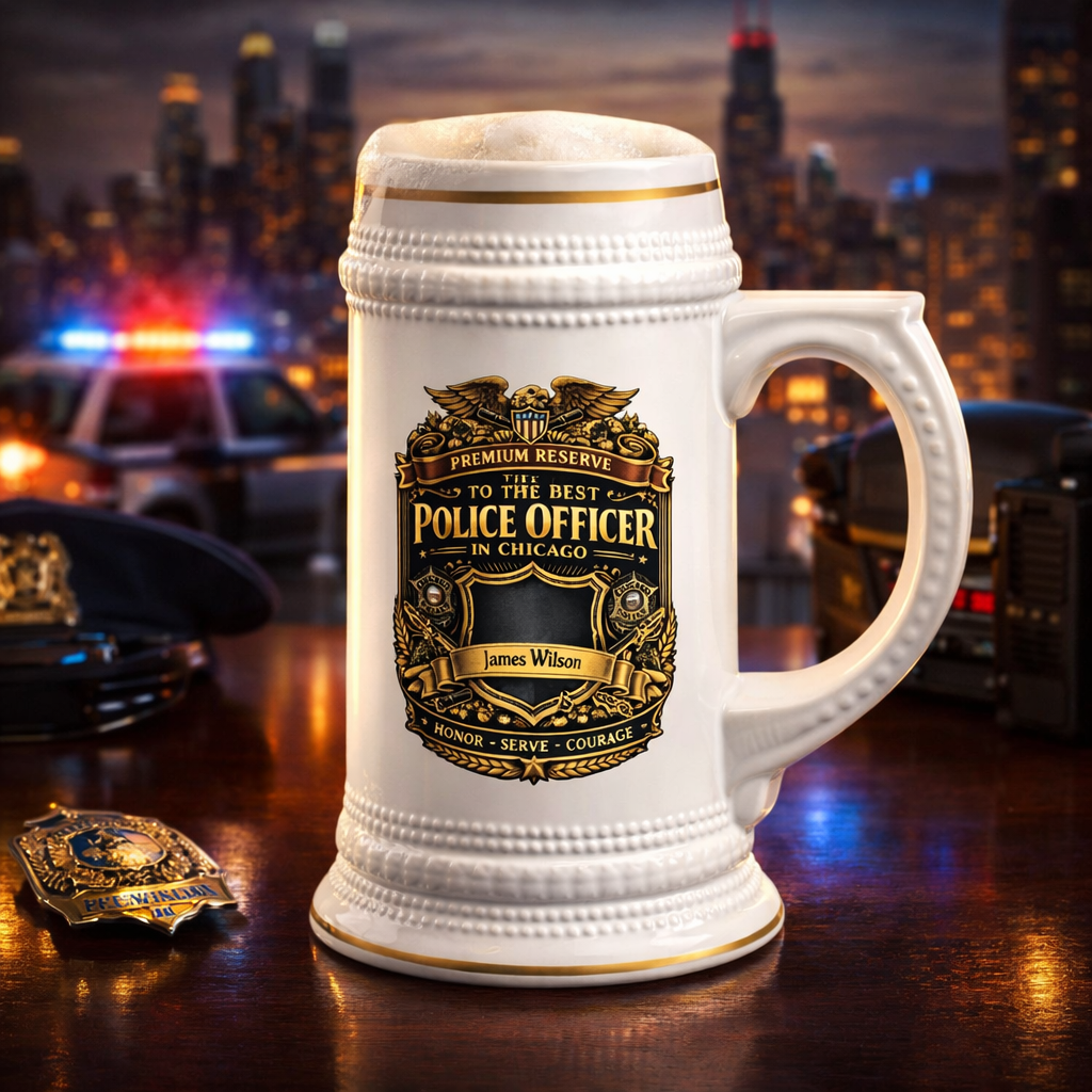 Personalized Chicago Police Officer Beer Stein 22oz - Custom Name Cop Mug, Law Enforcement Gift for Him