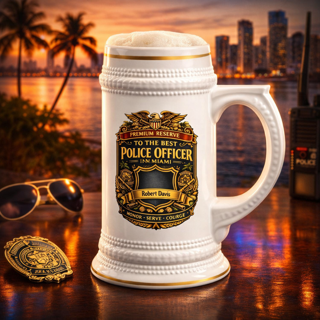 Personalized Miami Police Officer Beer Stein 22oz - Custom Name Cop Mug, Law Enforcement Gift for Him