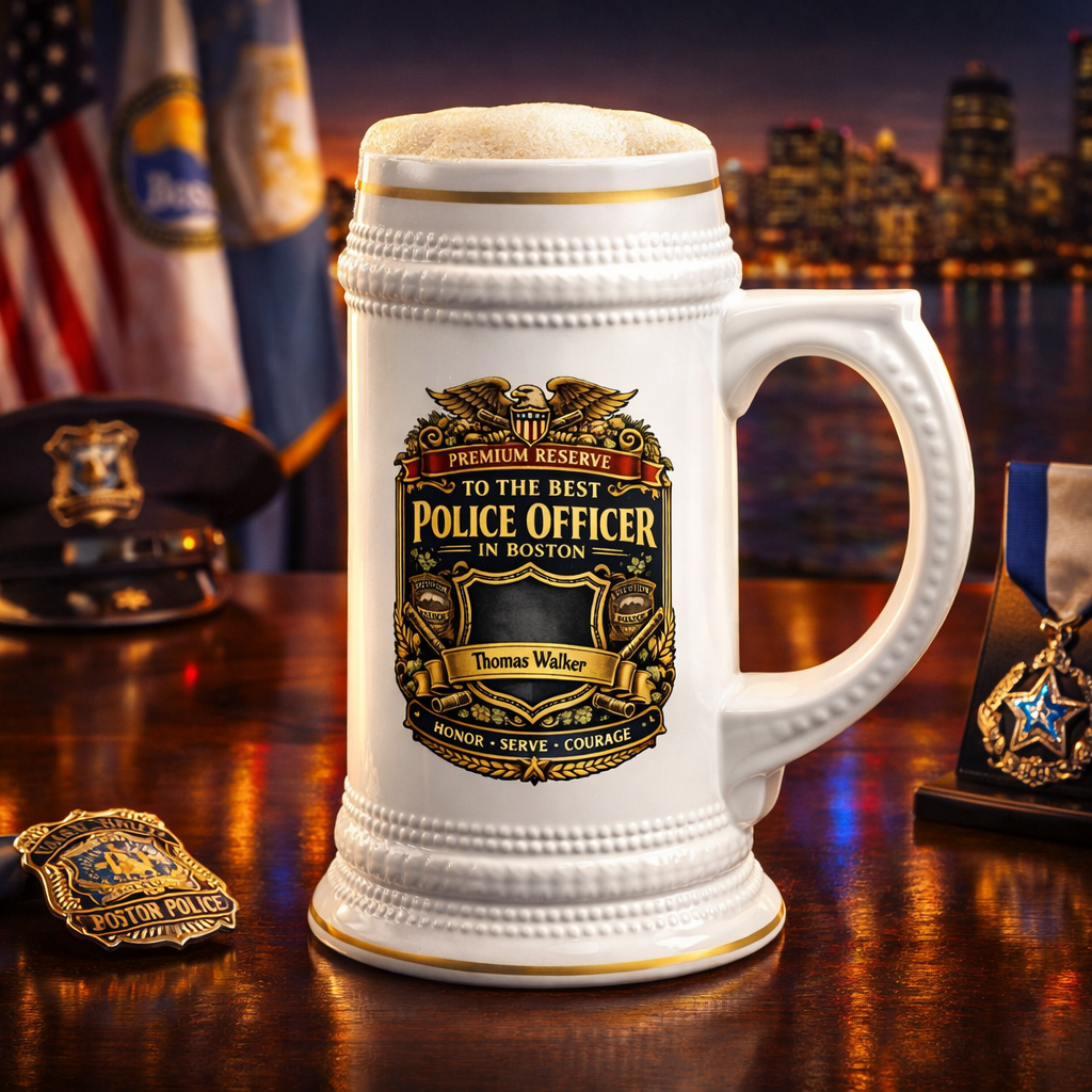Personalized Boston Police Officer Beer Stein 22oz - Custom Name Cop Mug, Law Enforcement Gift for Him