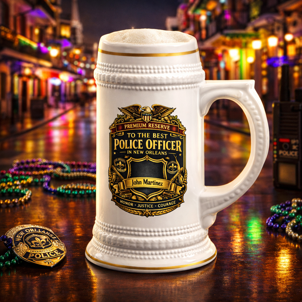 Personalized New Orleans Police Officer Beer Stein 22oz - Custom Name Cop Mug, Law Enforcement Gift for Him