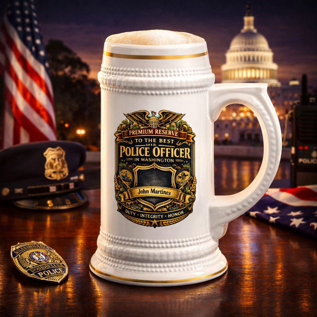 Personalized Washington Police Officer Beer Stein 22oz - Custom Name Cop Mug, Law Enforcement Gift for Him