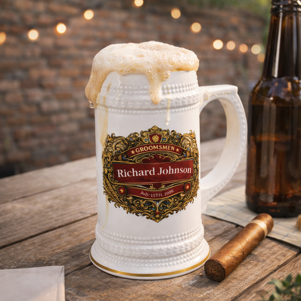 Personalized Groomsman Beer Stein 22oz - Custom Name & Date Wedding Mug, Vintage Crest Groomsmen Gift