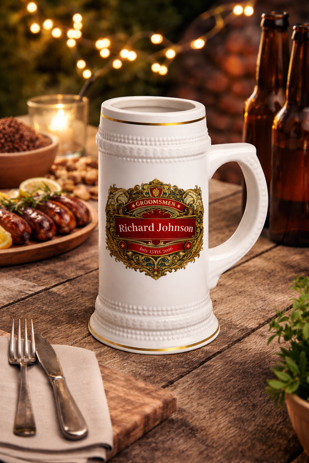 Personalized Groomsman Beer Stein 22oz - Custom Name & Date Wedding Mug, Vintage Crest Groomsmen Gift