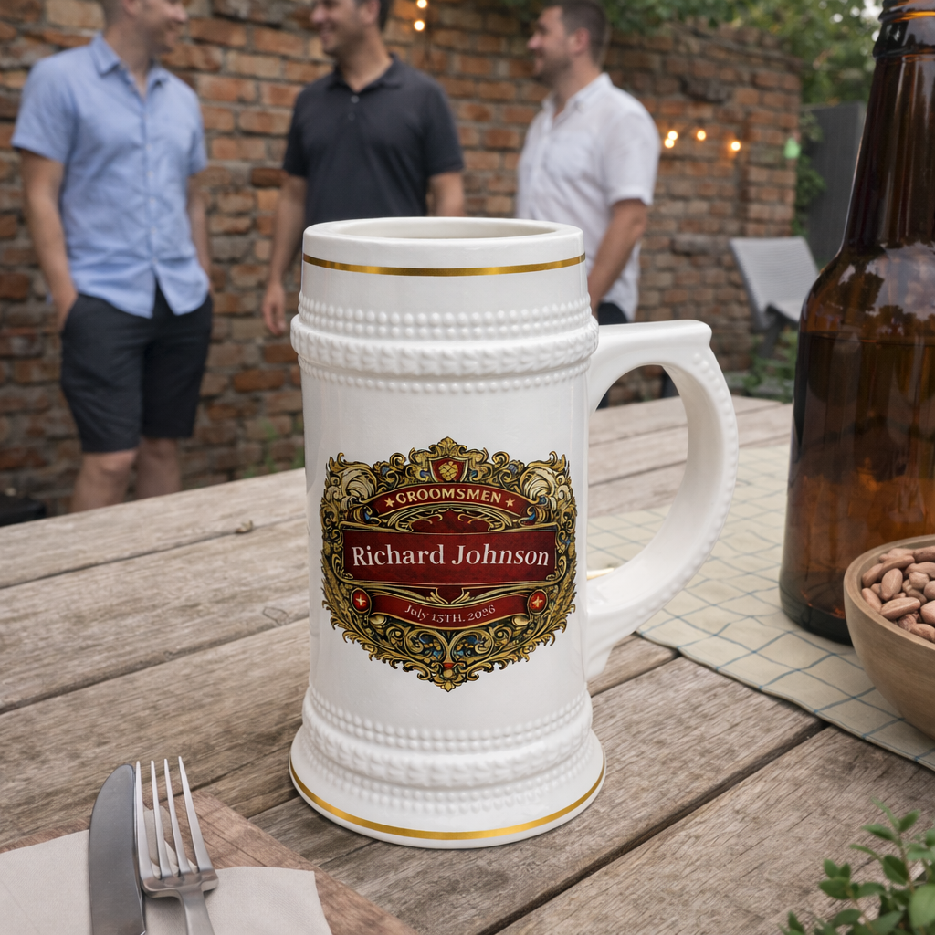 Personalized Groomsman Beer Stein 22oz - Custom Name & Date Wedding Mug, Vintage Crest Groomsmen Gift