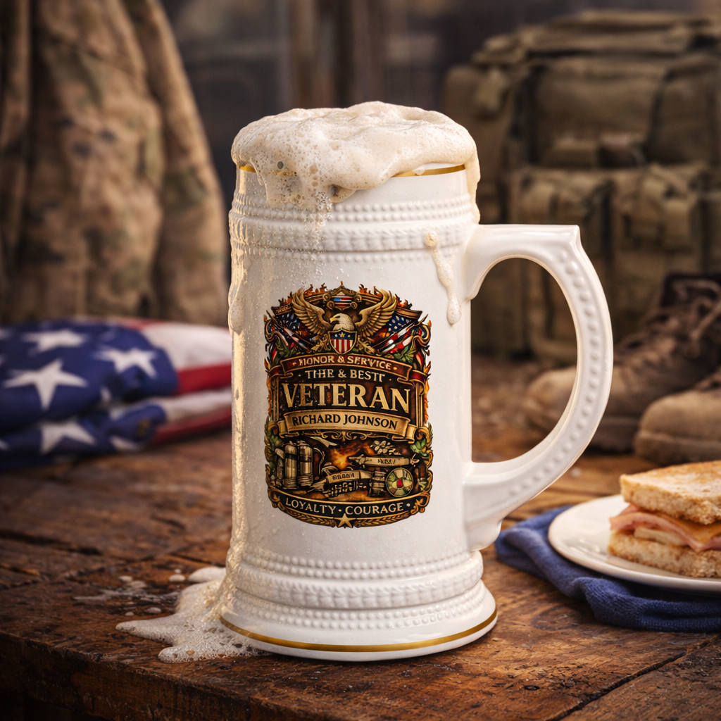 Personalized Veteran Beer Stein 22oz - Custom Name Military Mug, Honor & Service Gift for Veteran, Loyalty Courage Beer Mug