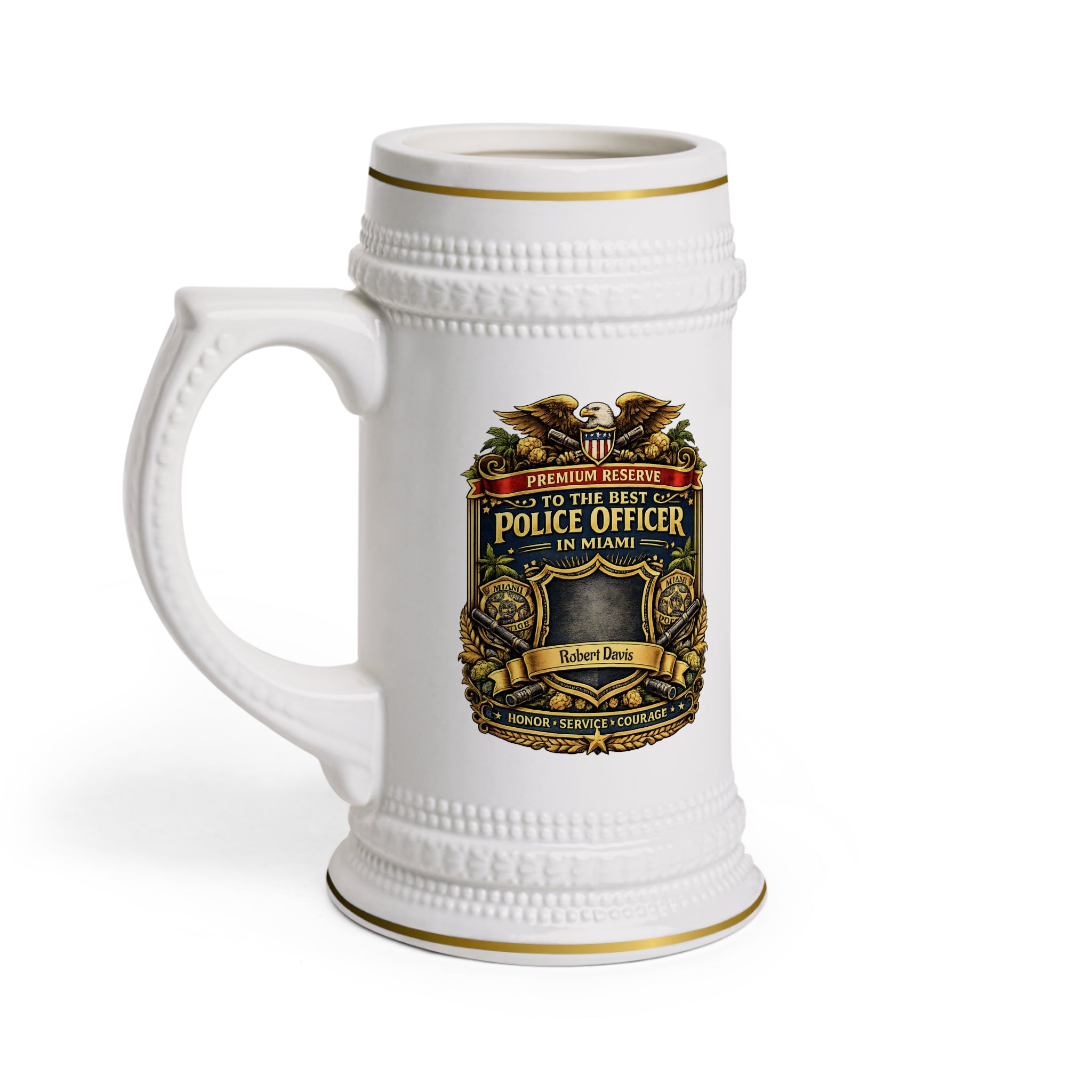 Personalized Miami Police Officer Beer Stein 22oz - Custom Name Cop Mug, Law Enforcement Gift for Him