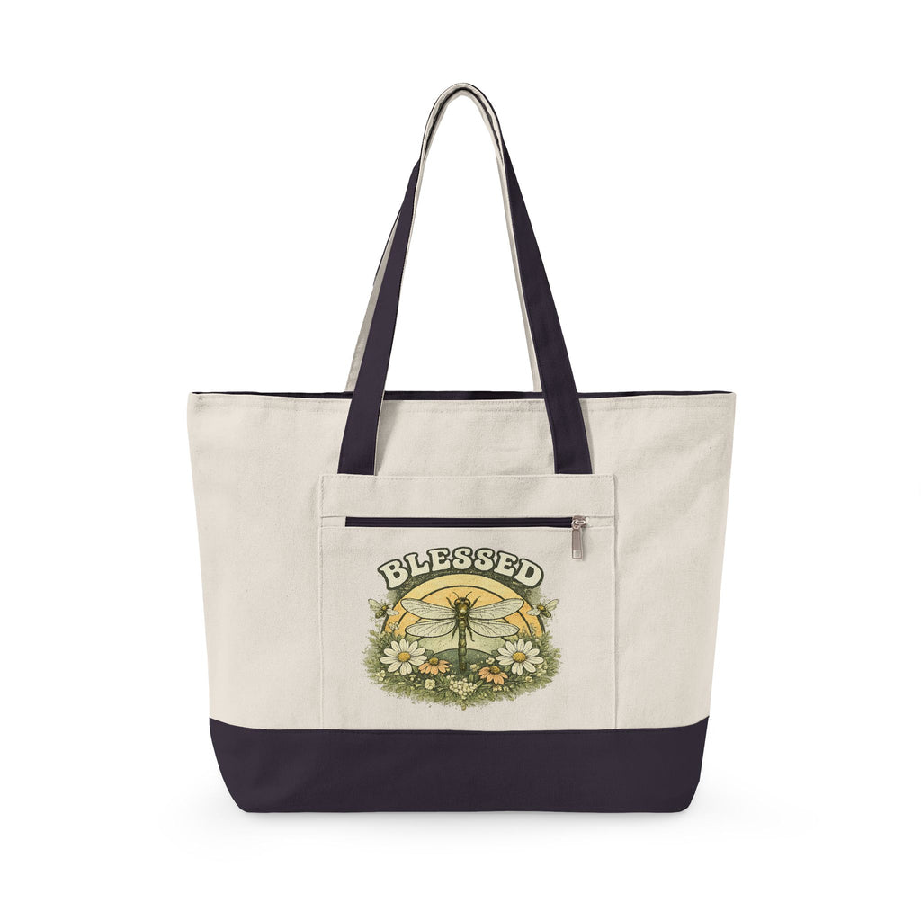 Blessed Dragonfly Floral Zippered Canvas Tote | Nature Tote Bag