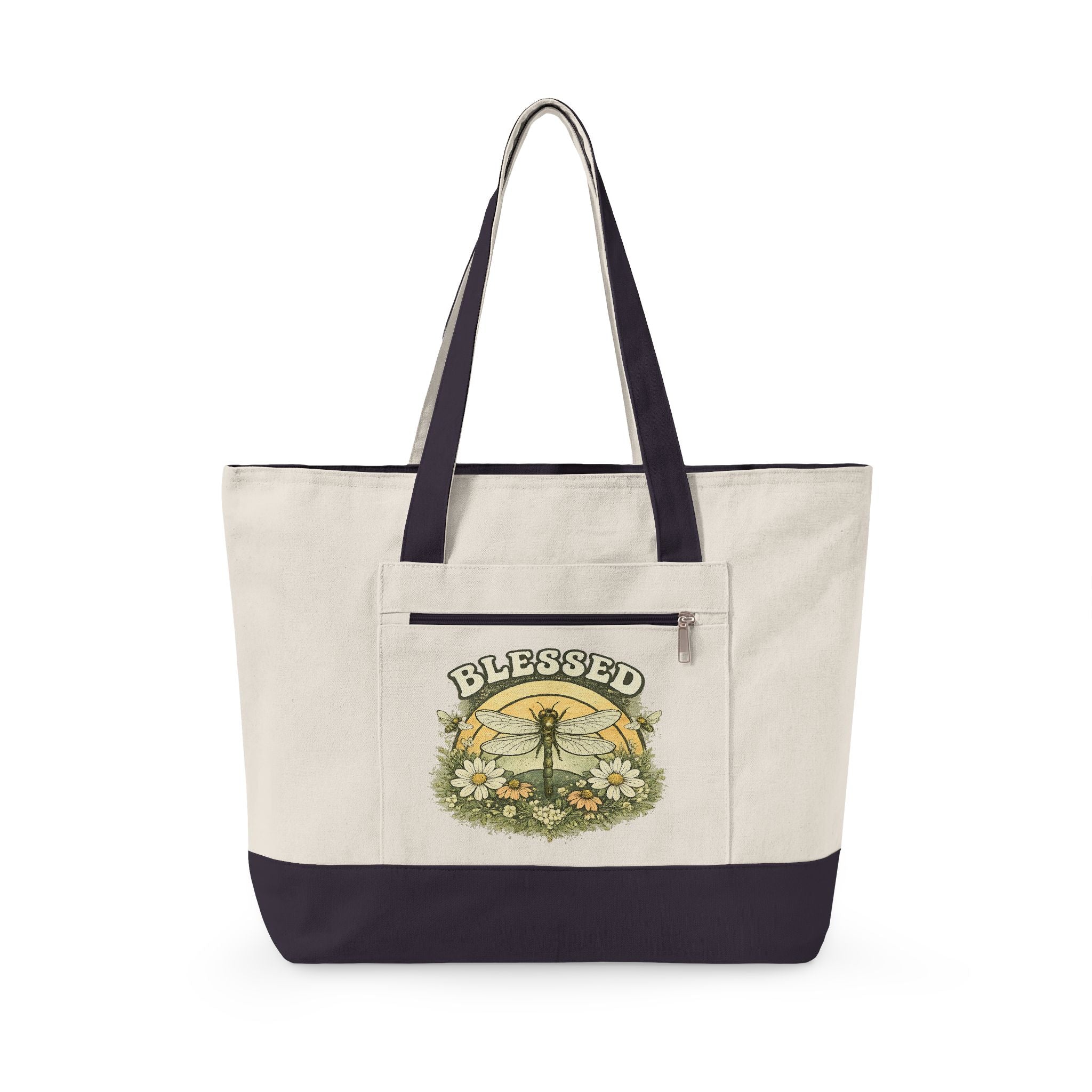 Blessed Dragonfly Floral Zippered Canvas Tote | Nature Tote Bag