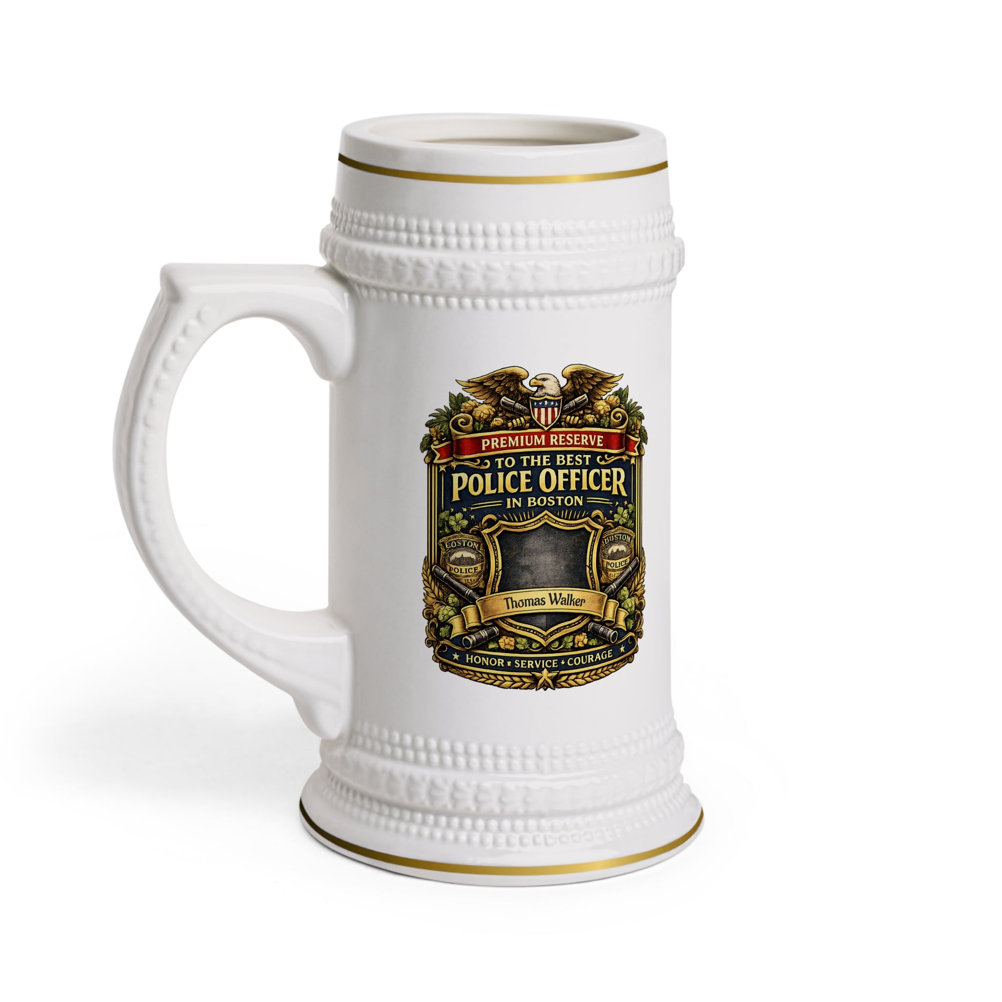 Personalized Boston Police Officer Beer Stein 22oz - Custom Name Cop Mug, Law Enforcement Gift for Him