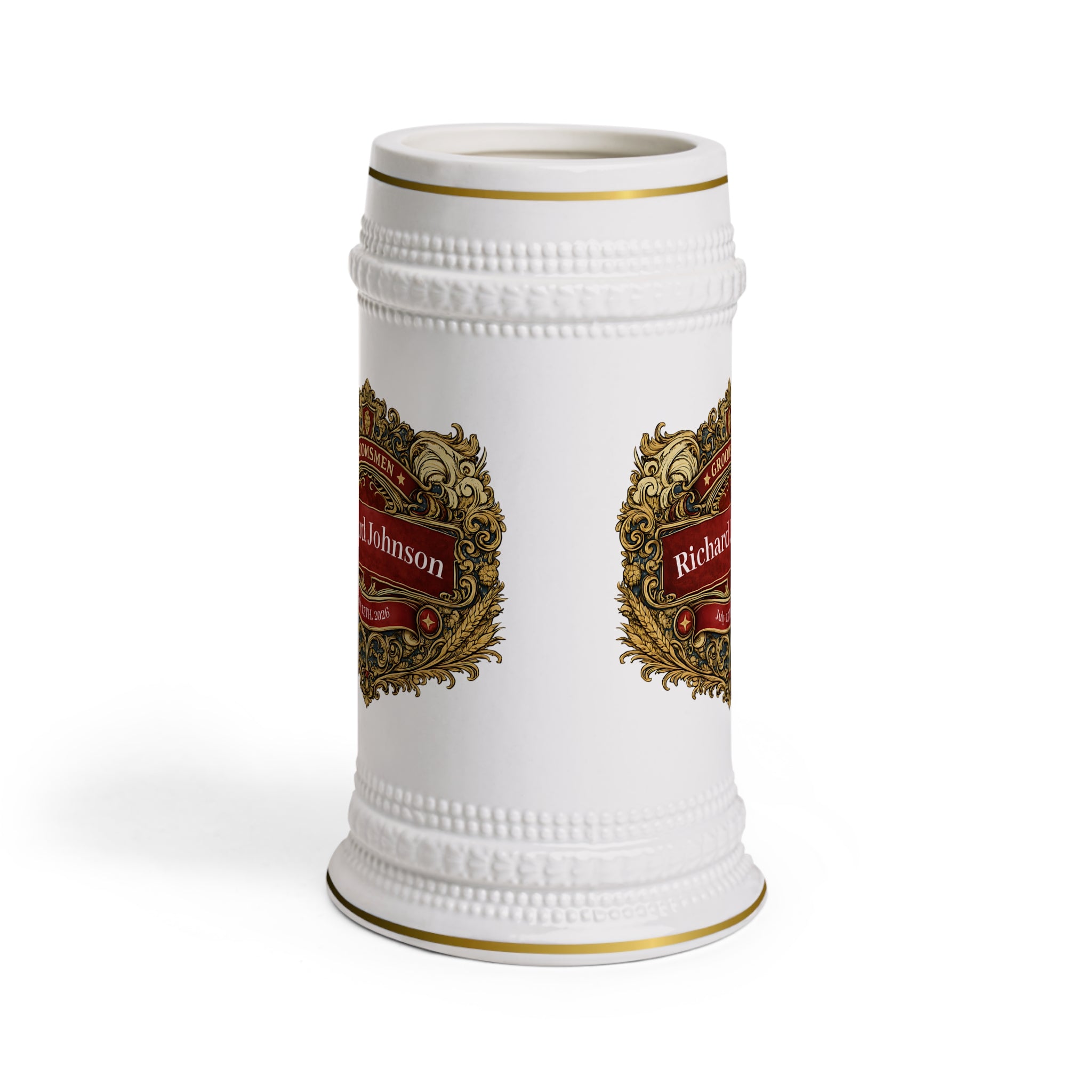 Personalized Groomsman Beer Stein 22oz - Custom Name & Date Wedding Mug, Vintage Crest Groomsmen Gift