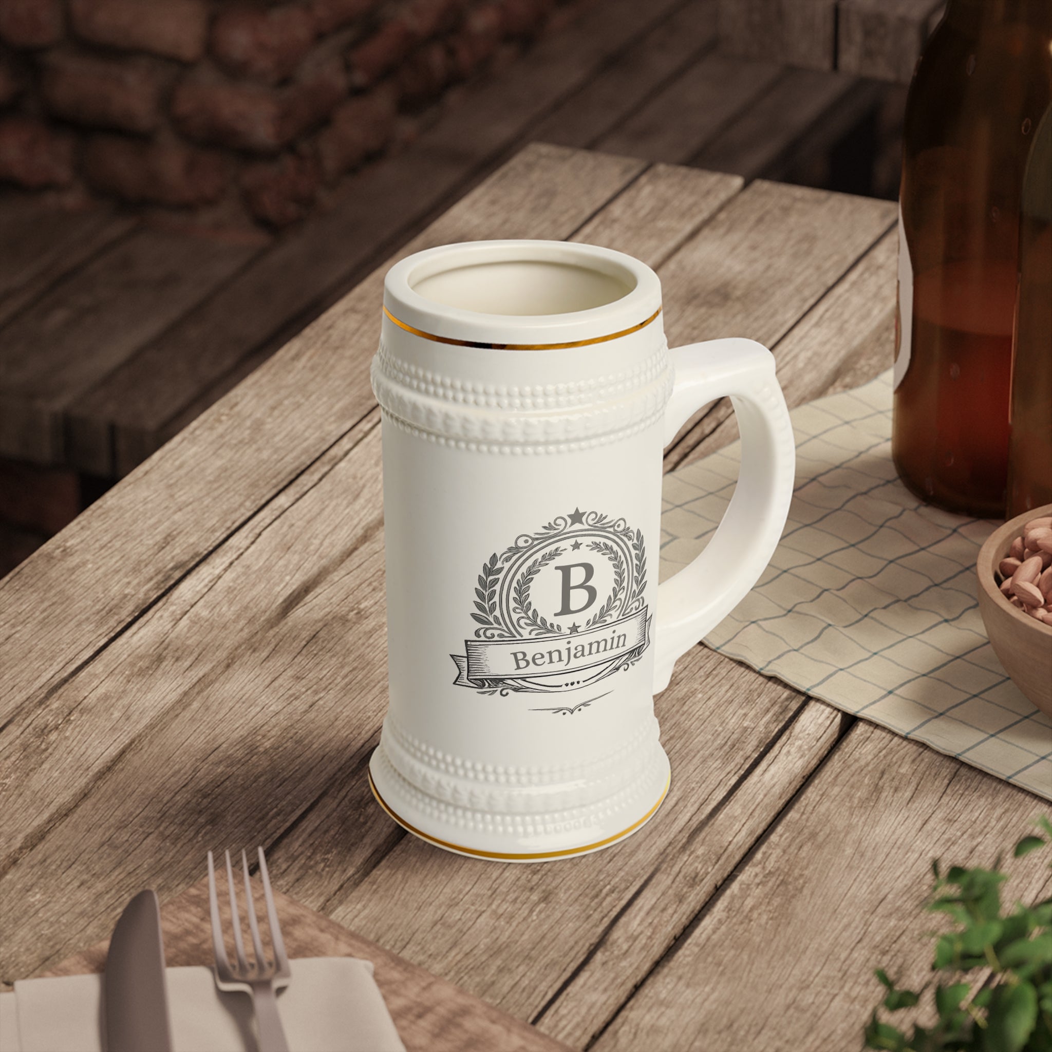 Personalized Crest Beer Stein  Custom Name Ceramic Stein Mug, Monogram Beer Mug Gift for Him